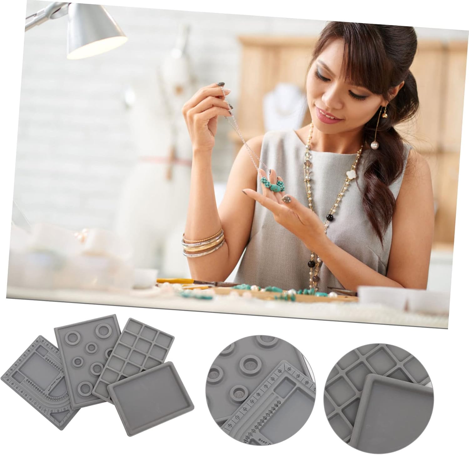DOITOOL 4pcs Design Desk Storage Box Jewelry Trinket Trays Beading Mat Bracelet Sizer Board Necklace Measurement Board