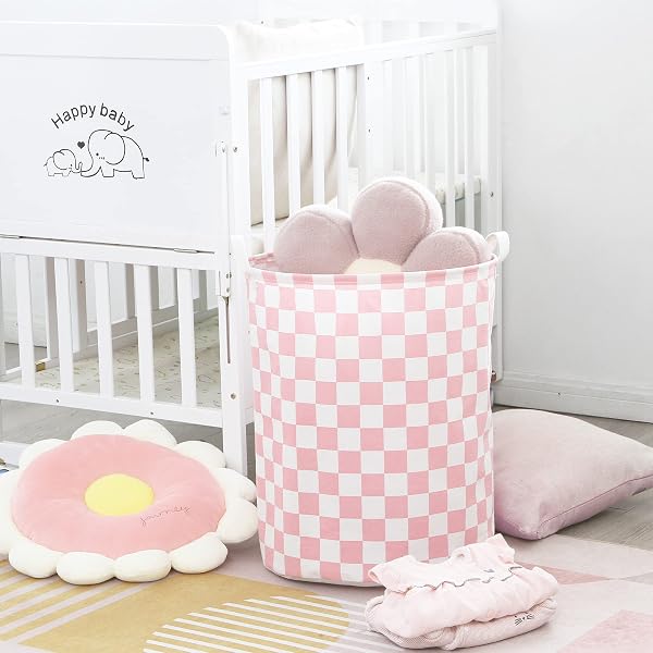 Sea Team 19.7 Inch Large Sized Waterproof Coating Ramie Cotton Fabric Folding Laundry Hamper Bucket Cylindric Burlap Canvas Storage Basket with Stylish Grid Pink Design - 2