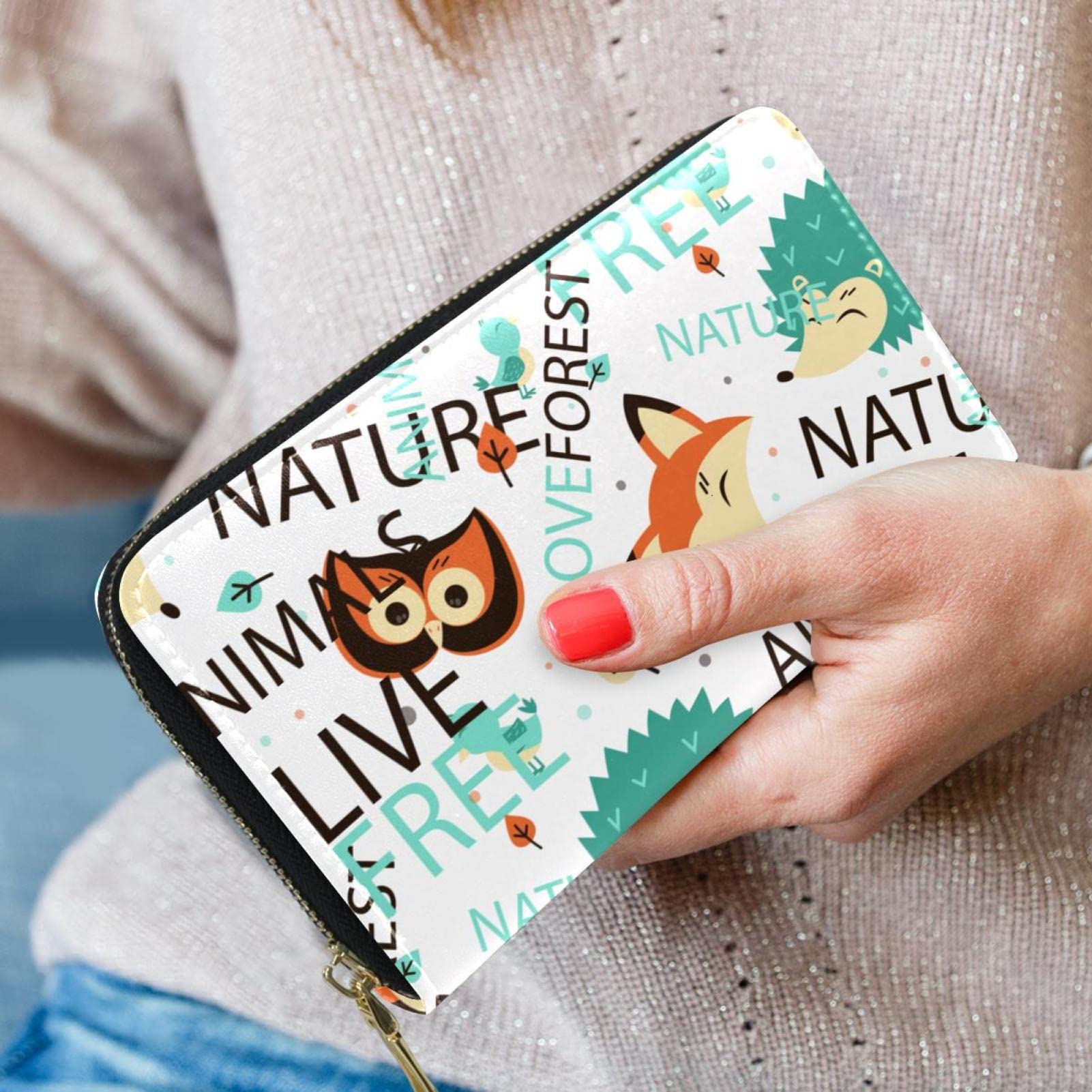 Cartera larga de cuero con cremallera para personalizar las palabras de animales, Varios colores, 20.5x2.5x11.5cm/8.07x1x4.53 in, Classic