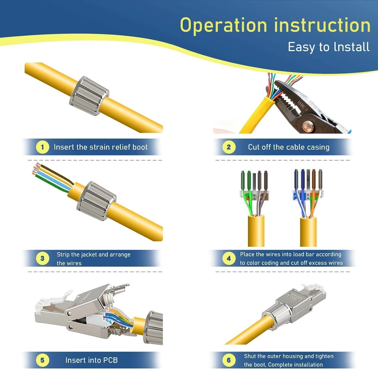 RJ45 Cat8 Tool Free Connectors, Zinc Alloy Shielded Ethernet Termination Plugs for 22 to 23 AWG Network Cable, Easy Installation, 6 Pack