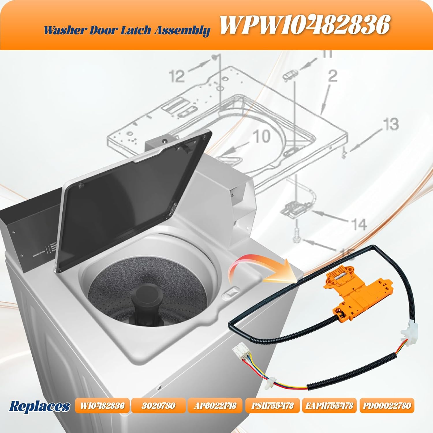 WPW10482836 W10482836 Washer Door Lock Door Latch Assembly Compatible with Whirlpool Maytag Kenmore, Replaces 3020730 AP6022148 PS11755478 EAP11755478 PD00022780
