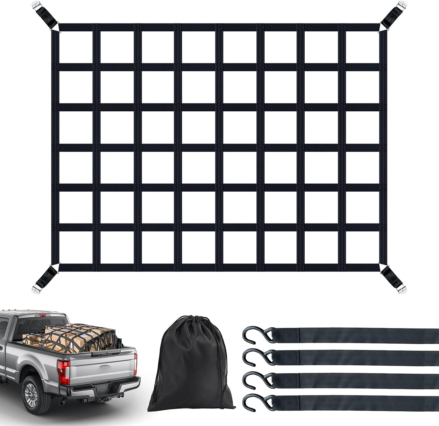 Heavy Duty Cargo Net for Pickup Truck Bed 66" x 50" 1100 lbs Capacity with Adjustable Cam Buckles S-Hooks and Drawstring Storage Bag, Durable Nylon for Trailers and Trucks