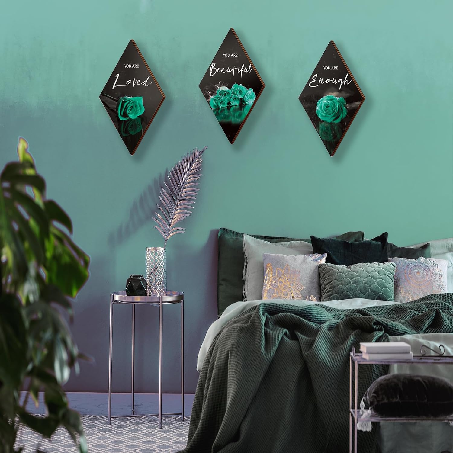 ONIZHITY 3-Piece Rose Wooden Wall Decor - Positive Quotes, You Are Beautiful, for Bedroom, Kitchen, Bathroom & Wedding (Teal, 12 x 7 inch)