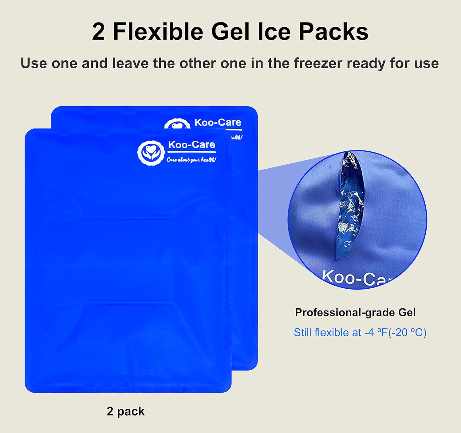 Koo-Care Large Flexible Gel Ice Pack for Injuries Reusable Hot Cold Compress - Fit for Shoulder Arm, Back, Hip, Knee, Shin, Foot Pain Relief, Swelling, Physical Therapy (L, 11 x 14) Pack of 2