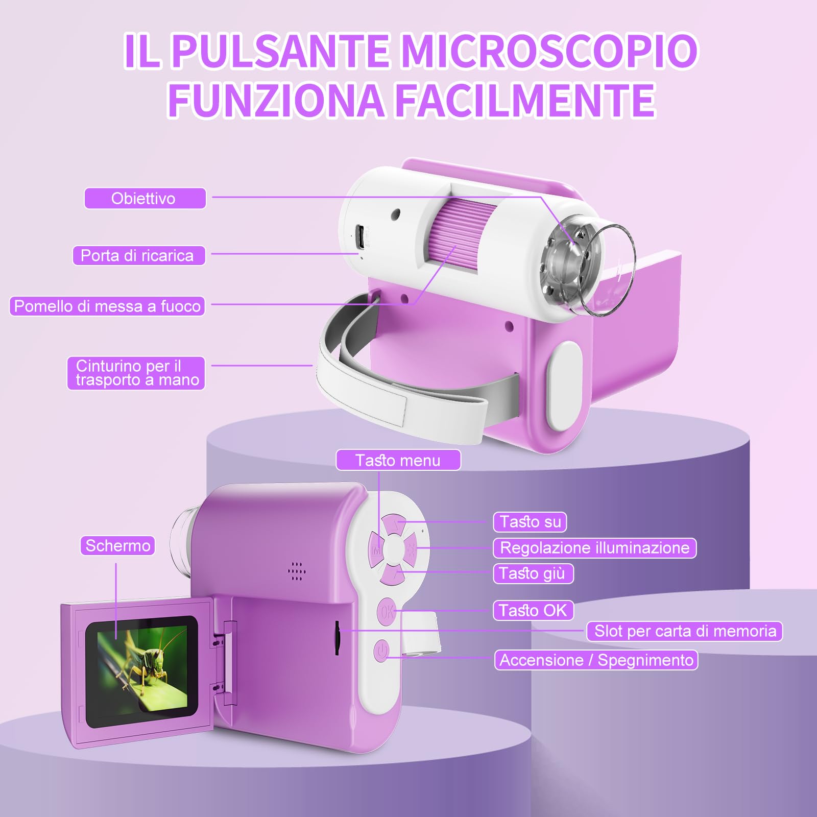 USCAMEL Microscopio Digitale Portatile per Bambini: 1000x ingrandimento, schermo HD da 2 pollici, connessione USB, Attrezzo educativo microscopio portatile per bambini età 7-12 anni (Viola)