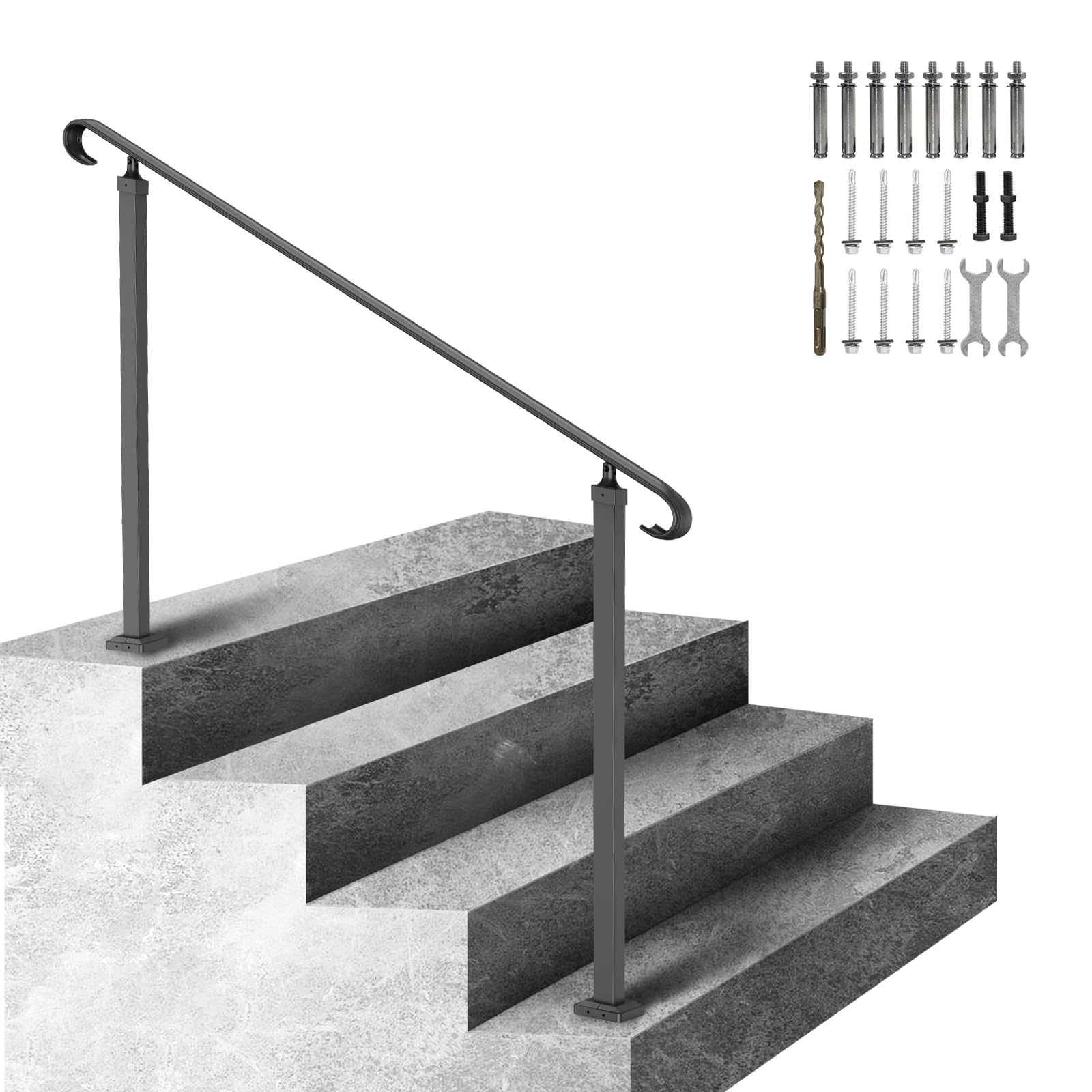 VEVOR Wrought Iron Handrail, Fit 2 or 3 Steps Outdoor Stair Railing, Adjustable Front Porch Hand Rail, Black Transitional Hand railings for Concrete Steps or Wooden Stairs with Installation Kit