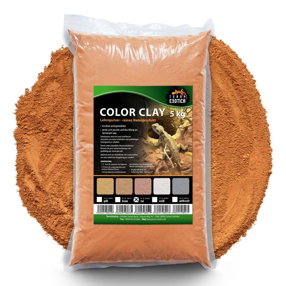 Terra Exotica Lehmpulver 5 kg - verschiende Farben zur Auswahl – Natürlicher Bodengrund für Terrarien | Ideal für Reptilien, Amphibien, Insekten, grabende Tiere | Naturlehm (Rot, 5 Kg)