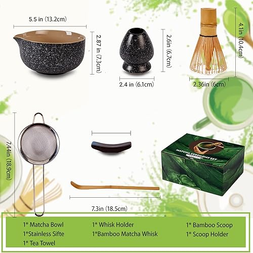 Miniatura 2 de Juego de 6 batidores de matcha, juego de cerámica de color negro, incluye cuenco de matcha con boquilla, batidor de matcha y soporte, cuchara de