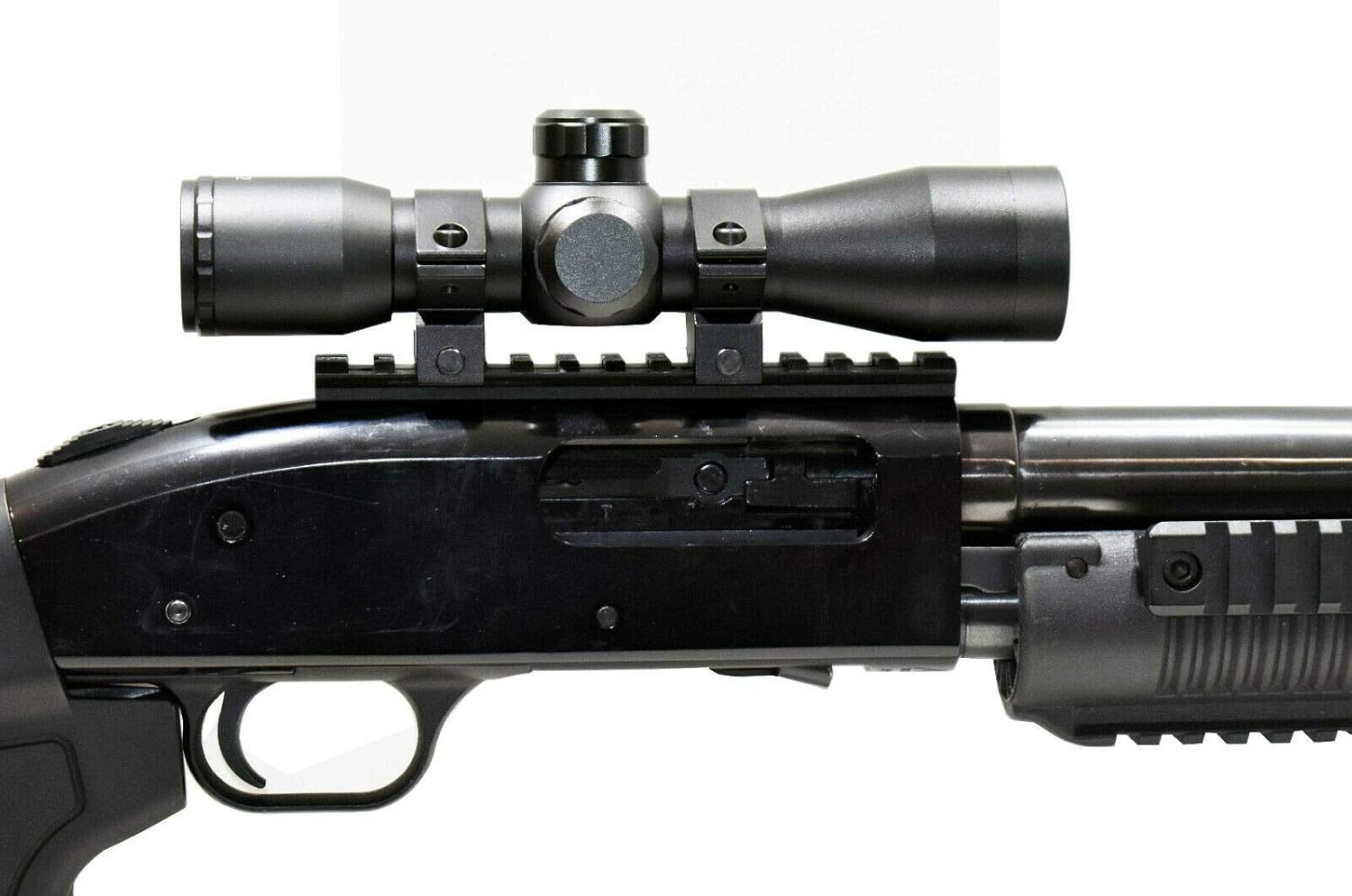 Trinity 4x32 Hunter Sight with Mount for Mossberg 590 12ga Picatinny Weaver Base Mount Adapter Aluminum Black Tactical Optics Hunting Accessory mildot Reticle Target Range Gear Single Rail.