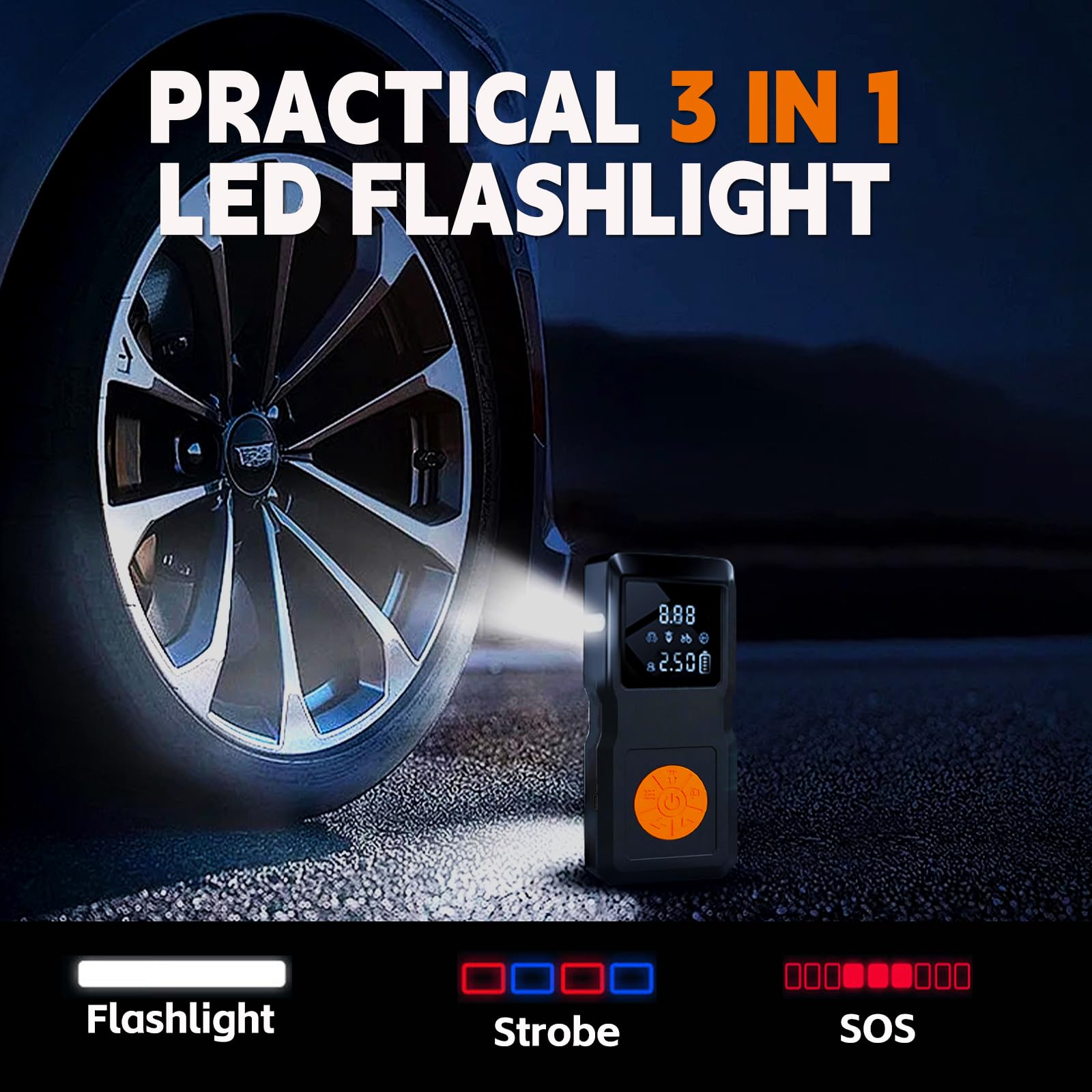 Arrancador de coche 4 en 1 con compresor de aire de 150 PSI, amplificador de batería portátil, inflador de neumáticos diésel de gasolina/12L con pantalla digital, luz LED SOS y banco de energía para
