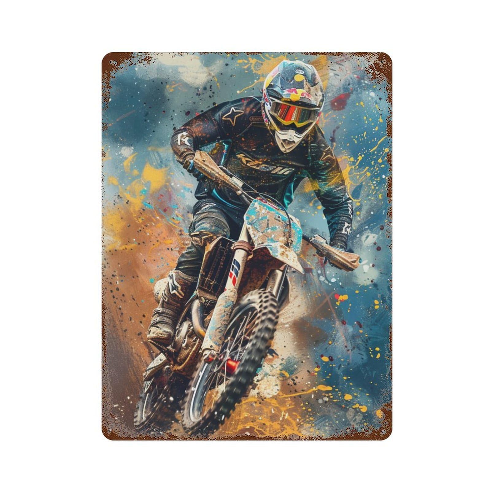 Rust Effect Motocross Rider in Action Vintage Metal Tin Sign 15.7"x11.8", Vintage Wall Decor for Office, Studio And Wall Decor