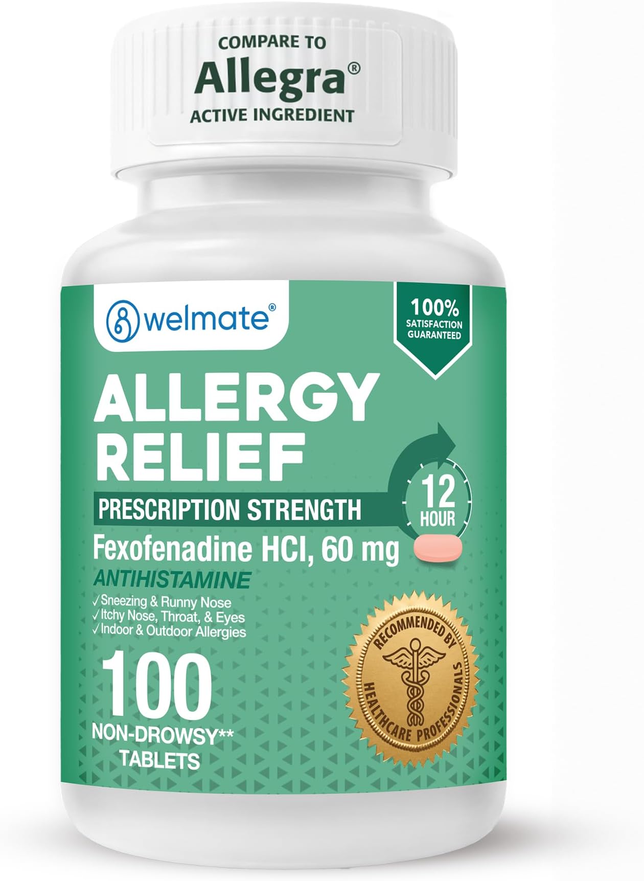 WELMATE, Fexofenadine 60mg, 12-Hour Non-Drowsy Allergy Tablets, 100 Ct
