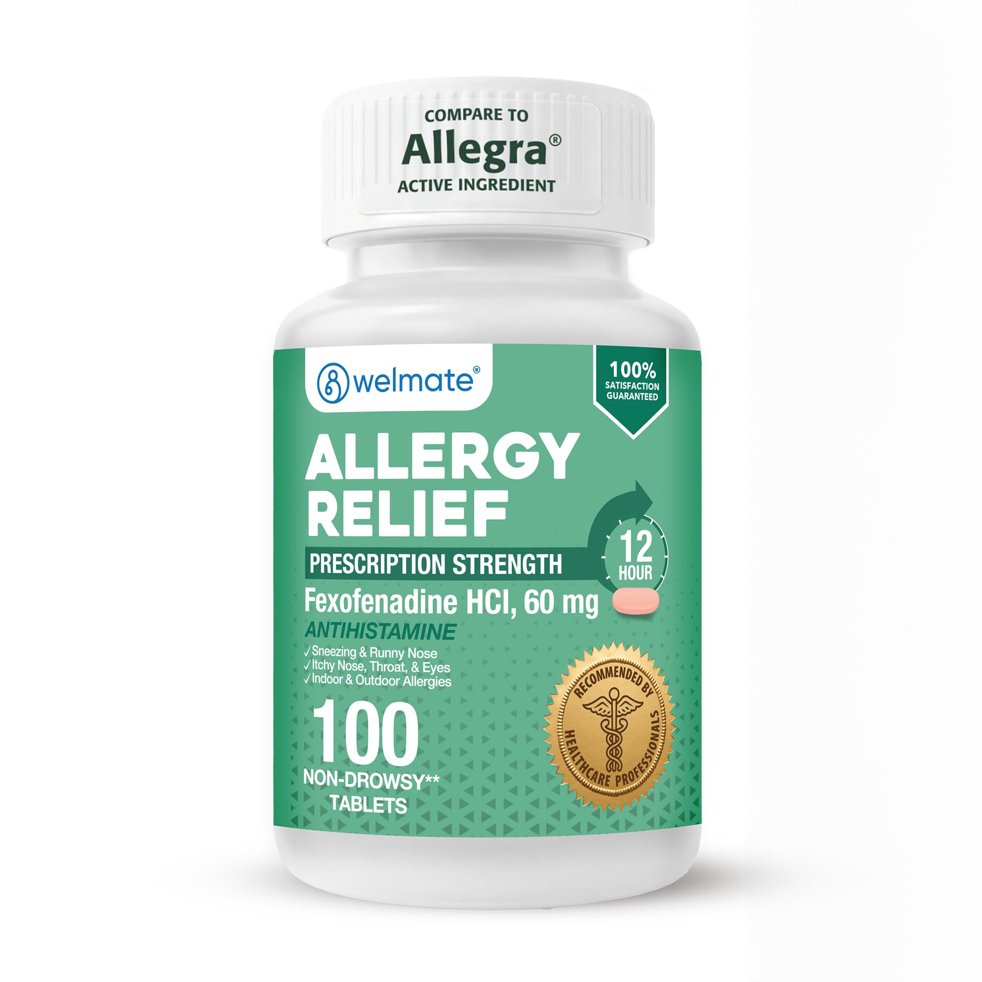 WELMATE, Fexofenadine 60mg, 12-Hour Non-Drowsy Allergy Tablets, 100 Ct