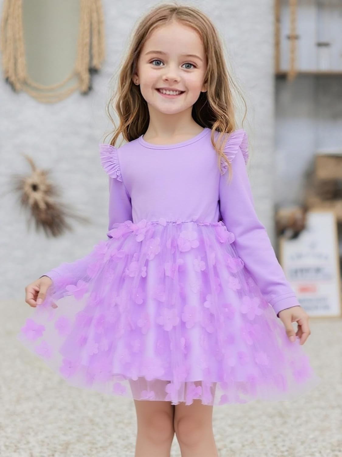 Cute Toddler Girl Princess Tulle Dress Long Sleeve Cotton Sundress Little Girls' Party Dresses,Size 2-9 Y - Image 3