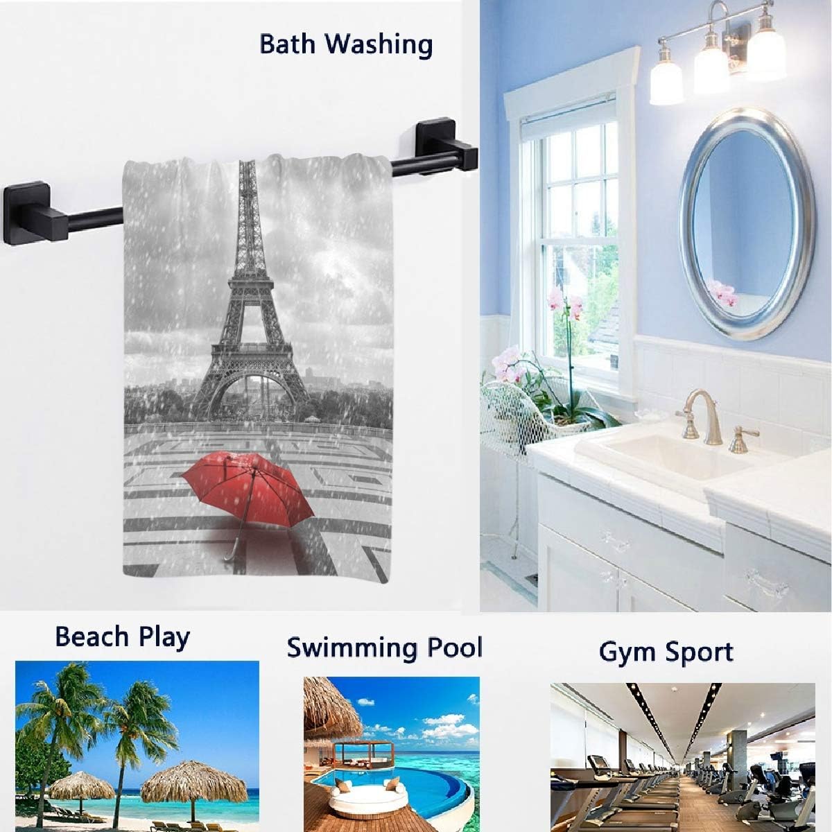 Naanle Eiffel Tower with Red Umbrella Soft Highly Absorbent Large Decorative Hand Towels Multipurpose for Bathroom, Hotel, Gym and Spa (16" x 30",Black White)