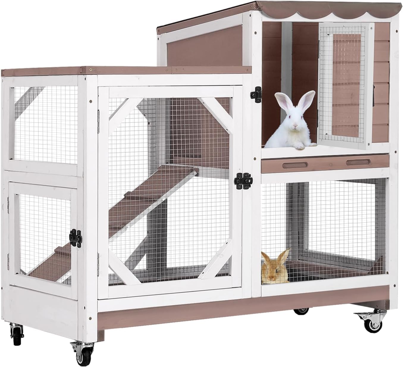 Large Rabbit Hutch Indoor Outdoor, 2-Tier Bunny Hutch with Wheels and Waterproof Roof, Wooden Guinea Pig Cage with Leak-Proof Pull-Out Trays, Multi-Door Bunny Cage for Small Animals
