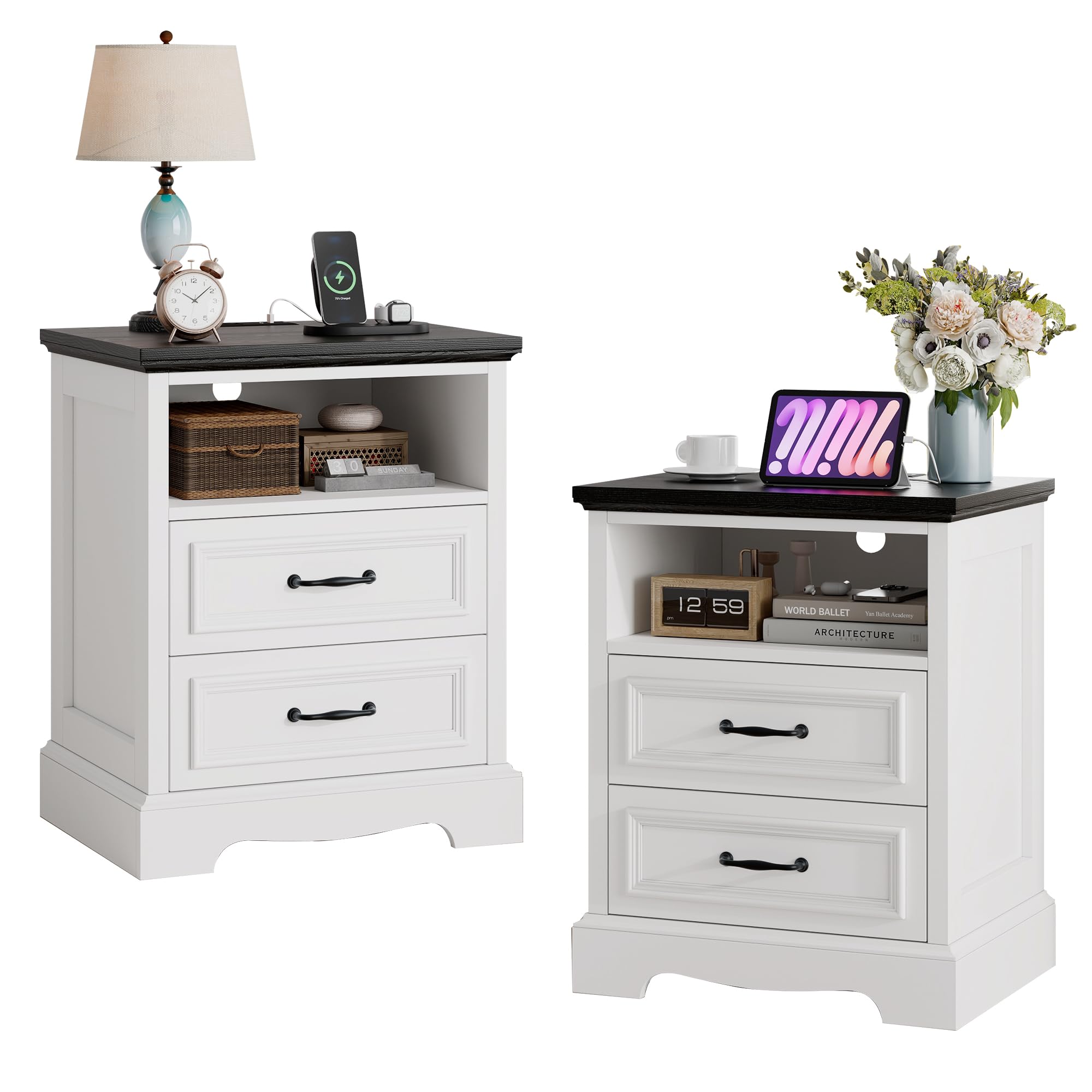 18" farmhouse nightstand set of 2 with charging station, white end table with 2 drawers storage, wood night stand side table, modern bedside cabinet for bedroom living room, dresser for small place