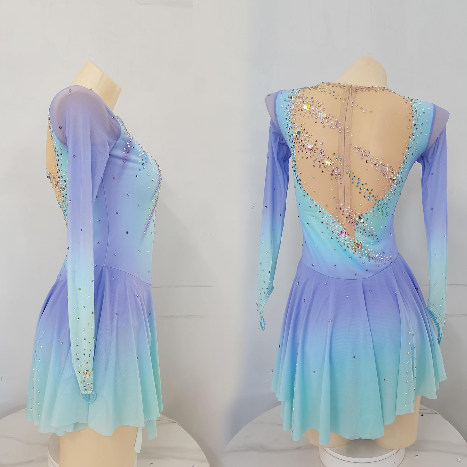 LIUHUO Robe de Patinage Artistique élégante pour Filles et Femmes avec Jupe de Danse sur Glace dégradé Bleu