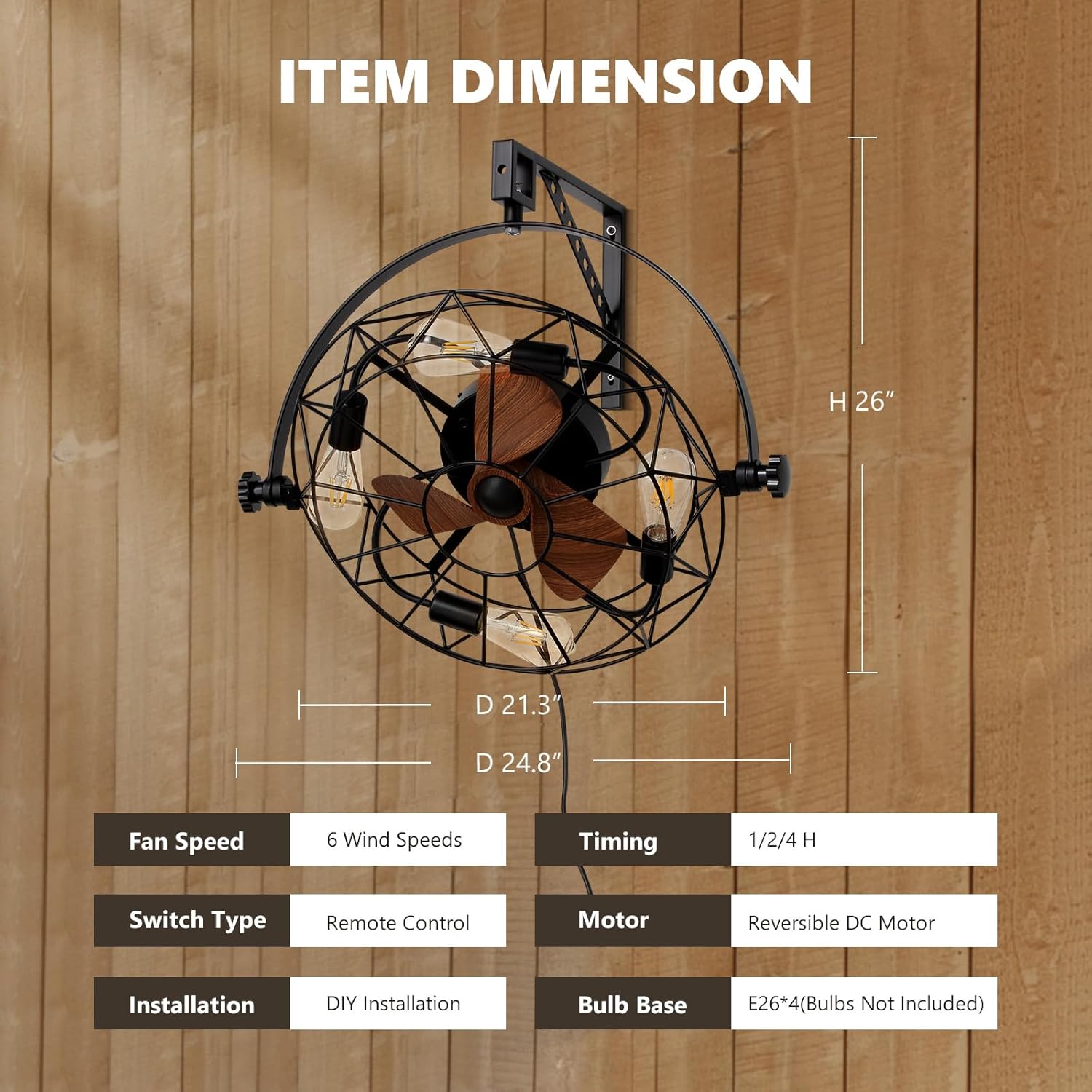 21" Fansconce, 360° Adjustable Tilt and Plug in Wall Mounted Fan, Garage Ceiling Fan with Lights and Remote, Reversible 6-Speed Timming Wall Fan for Residential, Greenhouse, Patio, Commercial etc