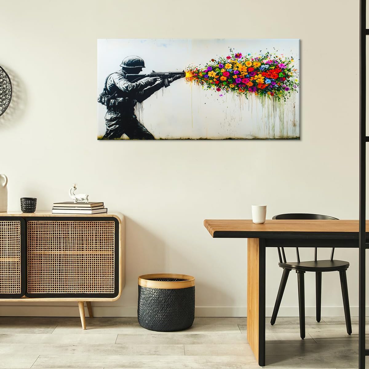 GAFSING Black Soldier with Colorful Flower Wall Art for Living Room Office Peaceful Urban Contemporary Painting Prints Banksy Style Canvas Artwork Dining Bedroom Decor