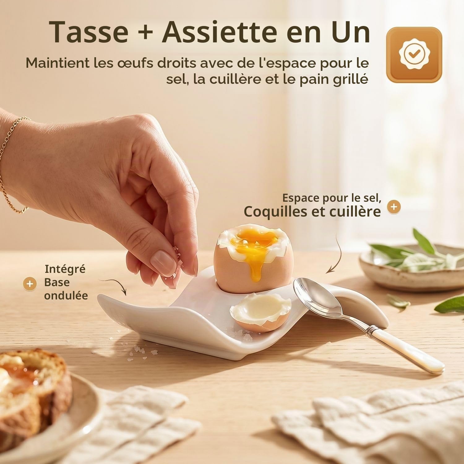 Flexzion Coquetiers pour œufs à la coque - Lot de 6 en céramique - Coquetiers empilables avec socle pour service, petit-déjeuner, brunch - Décor de table, Vagues