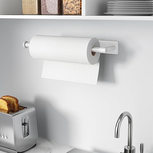 Miniatura 7 de Soporte para toallas de papel, autoadhesivo o perforado, soporte para toallas de papel blanco montado en la pared para cocina, soporte para rollo de