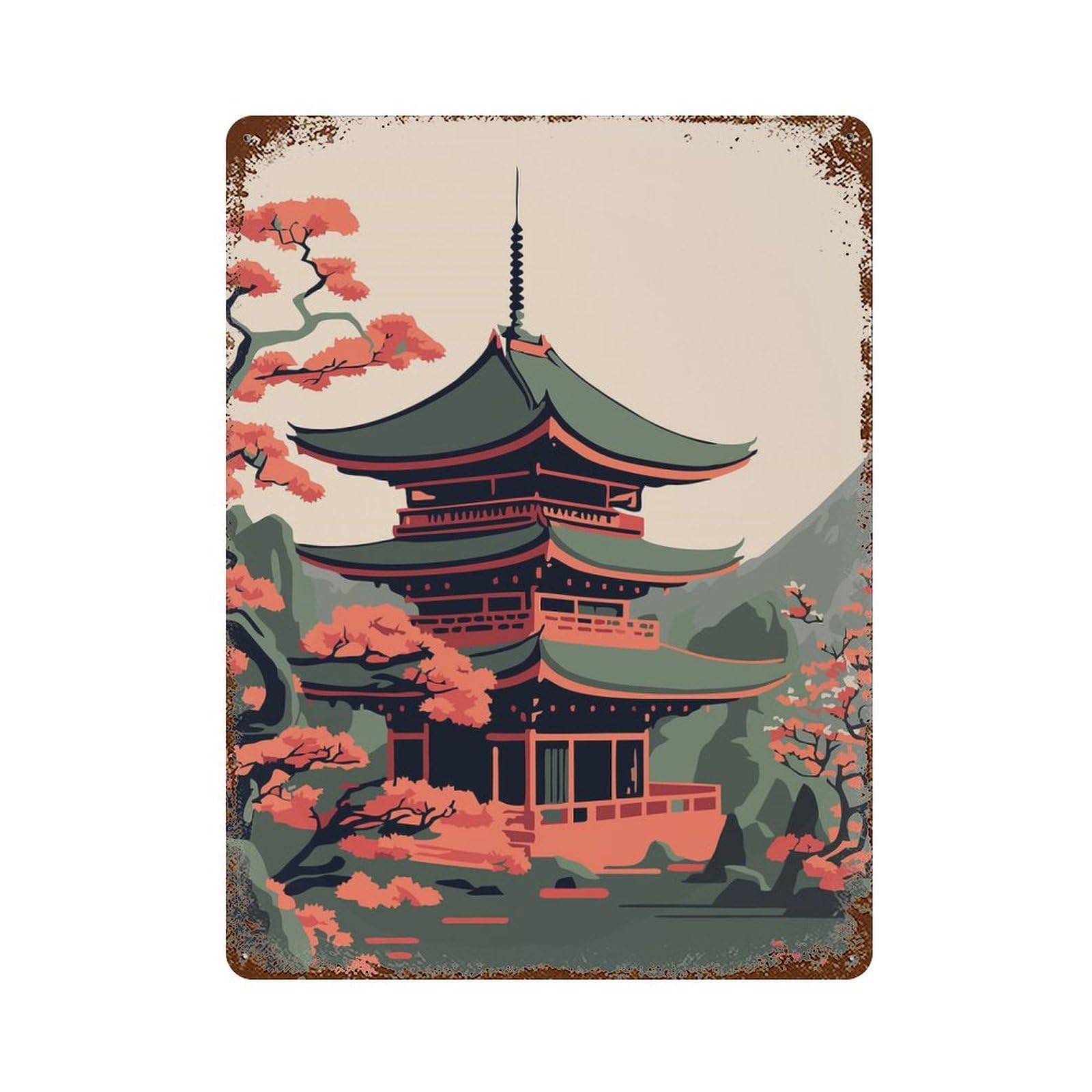 Pagoda Japan Retro Metal Sign 15.7"x11.8", Classic Wall Plaque for Garage, Pub Or Kitchen