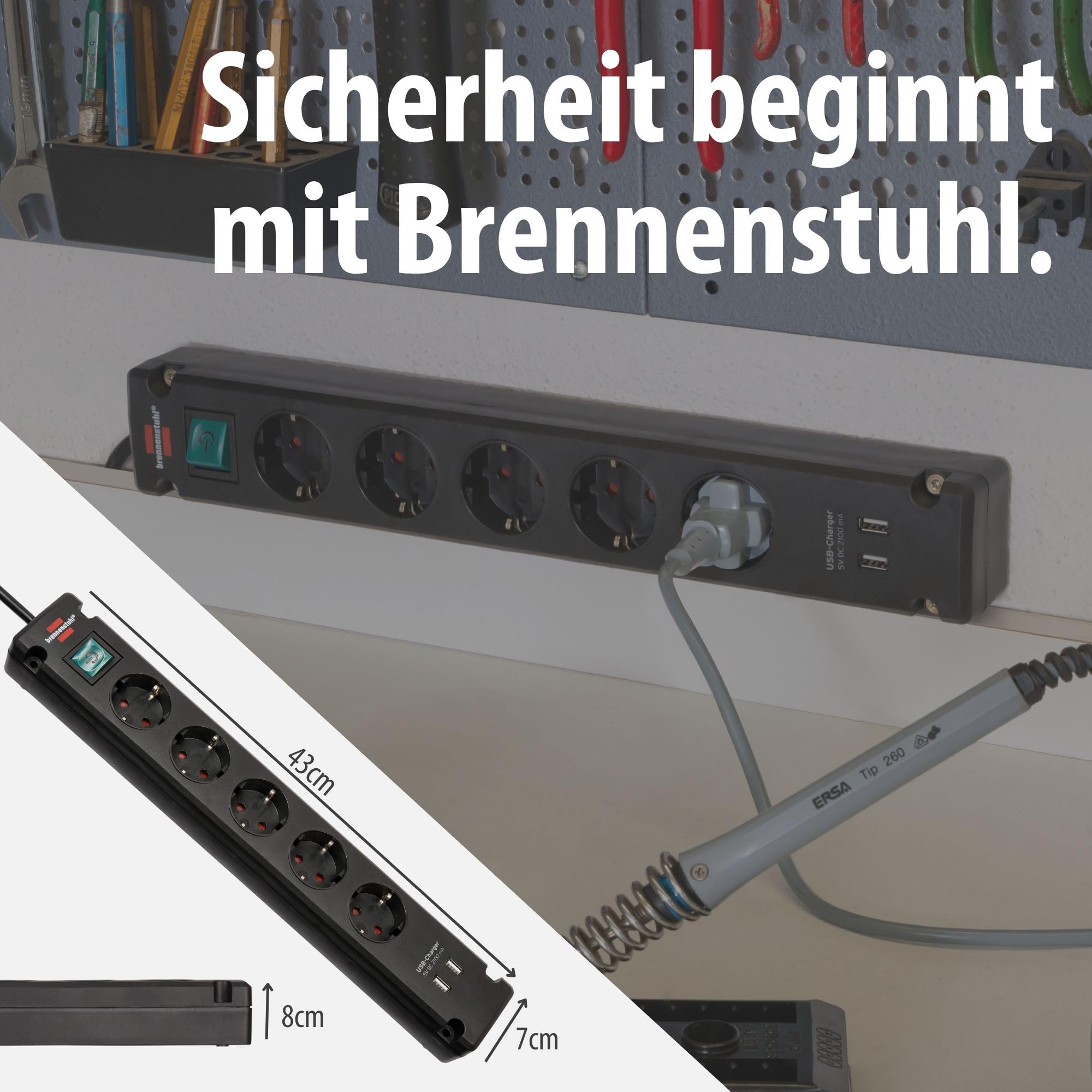 Brennenstuhl Bremounta regleta de enchufes con 5 Tomas Corriente y Carga USB para instalación y fijación (regleta eléctrica con Interruptor, Posibilidad de Montaje y Cable de 3m) Negro (Paquete de 2)
