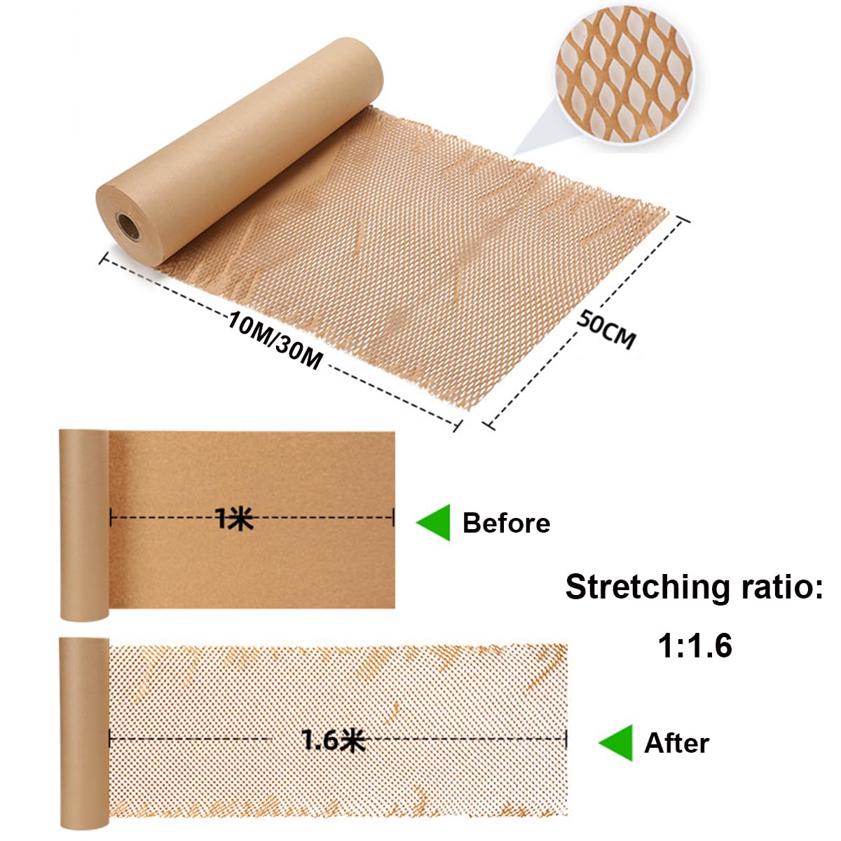 Verpackungspapier Rolle 50cm x 30m, Recycelbares Waben Packpapier Kraftpapier Rolle Biologisch Abbaubar Luftpolsterfolie für Umzug, Versand, Verpackung, Zerbrechlich