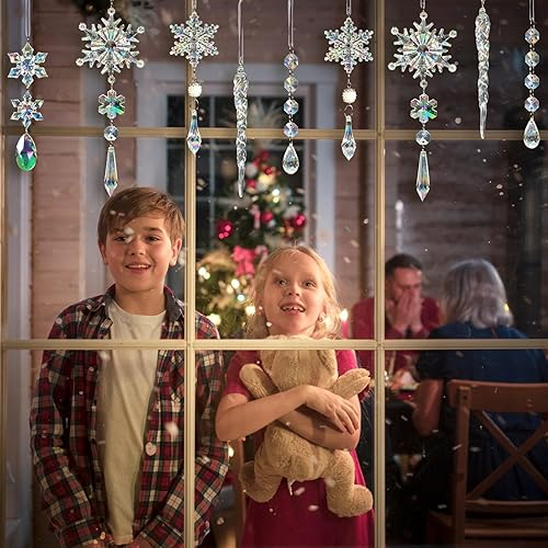 Miniatura 5 de 32 adornos de cristal para decoración de Navidad, adornos iridiscentes para árbol de Navidad, copos de nieve acrílicos, colgantes de carámbanos,