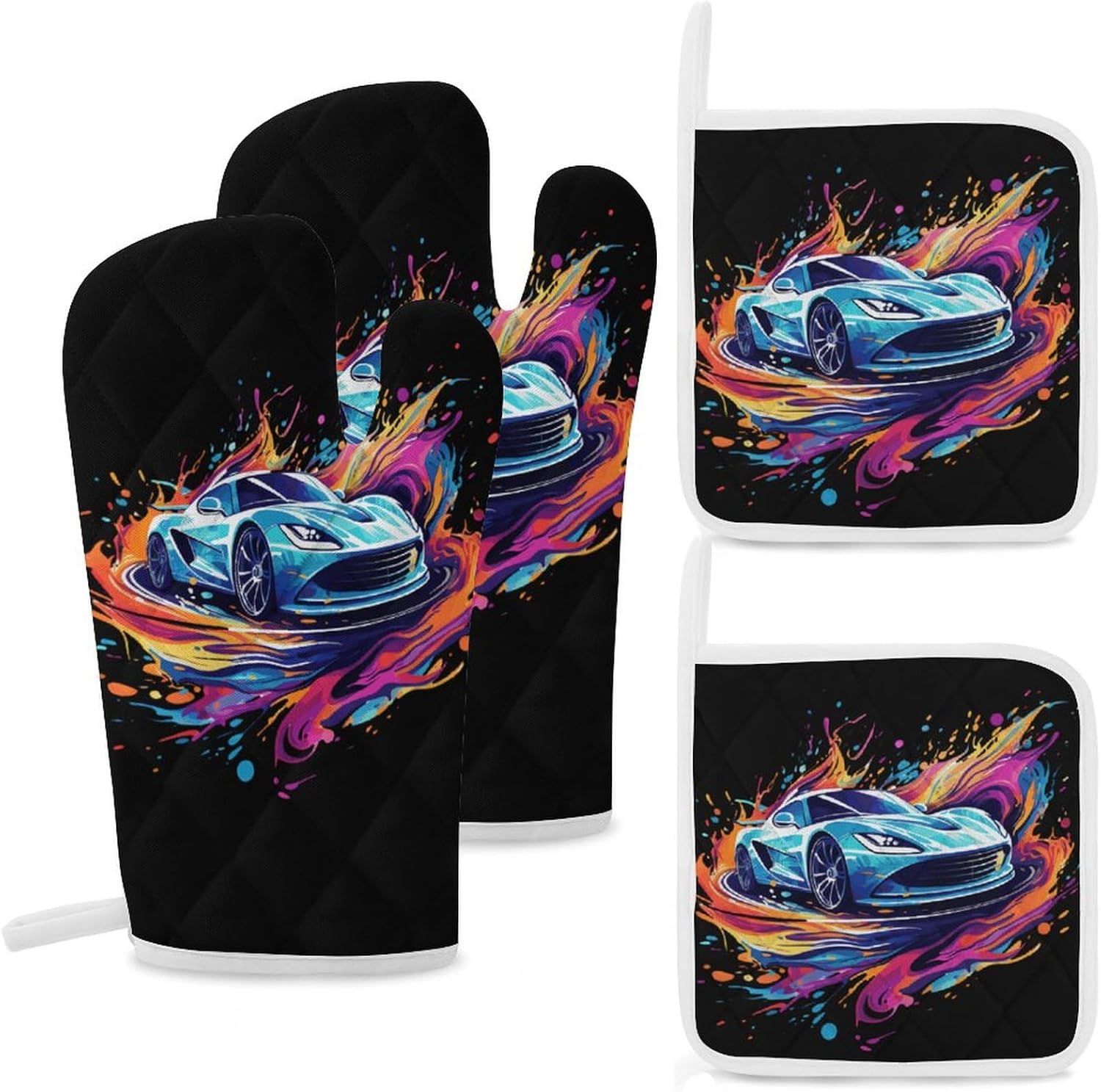 Blue Sports Car 4 Pcs Oven Mitts and Pot Holders Set High Heat Resistant Long Kitchen Oven Glove Potholders