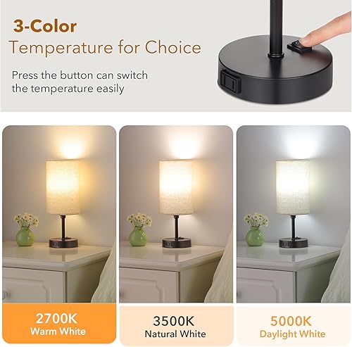 Miniatura 5 de GGOYING Lámpara de mesita de noche, 3 modos de color, lámparas de noche 2700K 3500K 5000K con salida de CA, pantalla cilíndrica beige para sala de