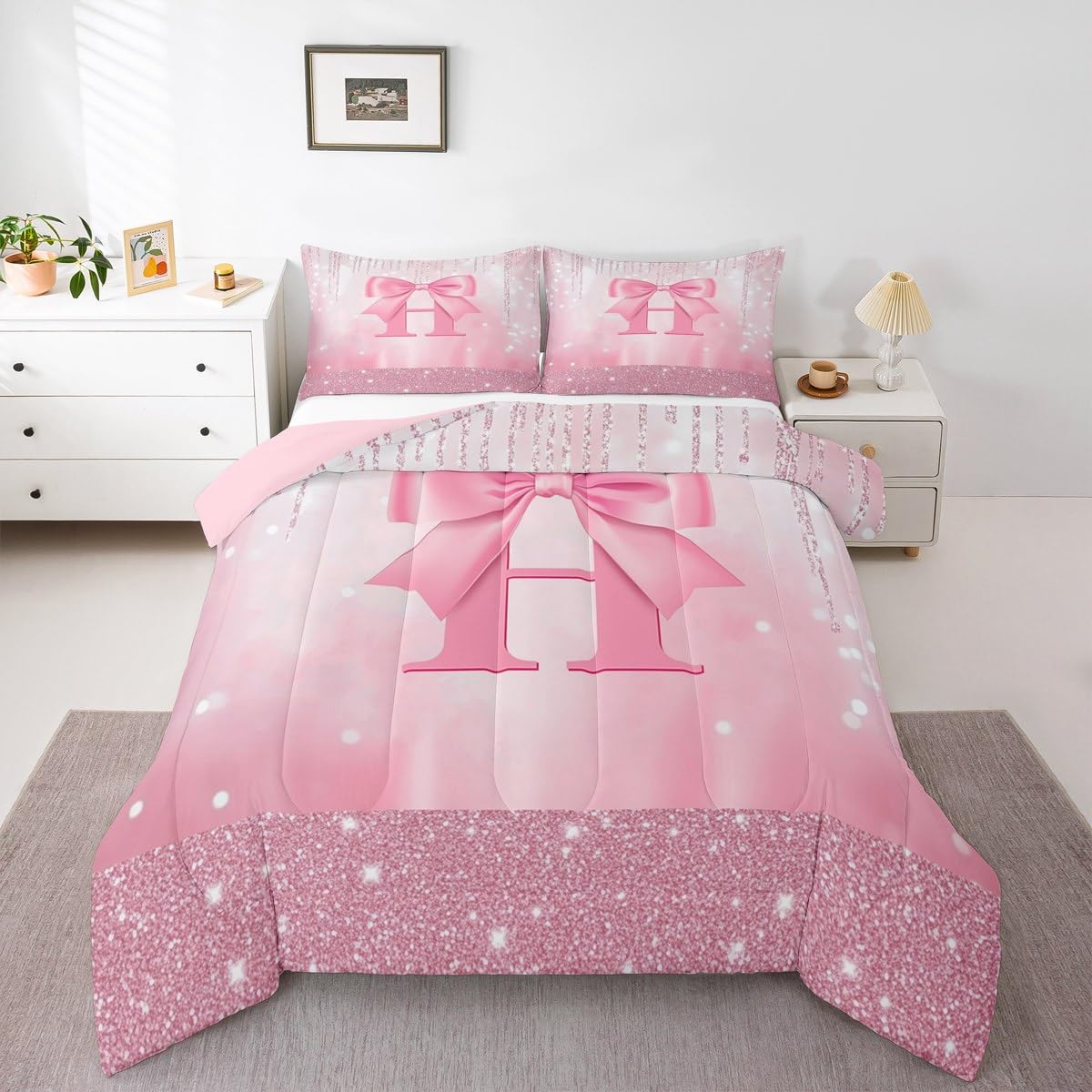 Kids Pink Bowknot Bedding Set, Personalized Initial H Comforter Set Single Size Princess Glitter Boys Girls Bow Alphabet Teens Bedroom Decor with 1 Pillow Case
