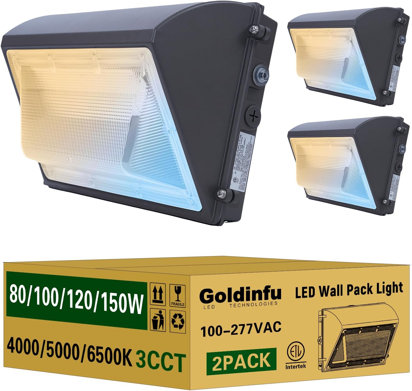 150W LED Wall Pack Light with Photocell 2Pack, 4000/5000/6500K 3CCT, 80/100/120/150W Selectable, Commercial Security Lighting Outdoor LED Wall Lights for Parking Lot Warehouse Barn 100-277V ETL Listed