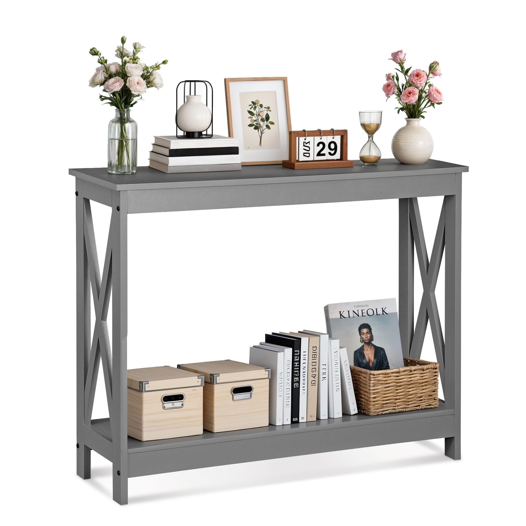 SUPER DEAL Console Table 39.5”, 2-Tier Narrow Sofa Side Table with Storage Shelf, Entrance Table for Hallway/Foyer/Living Room/Corridor/Office, Grey