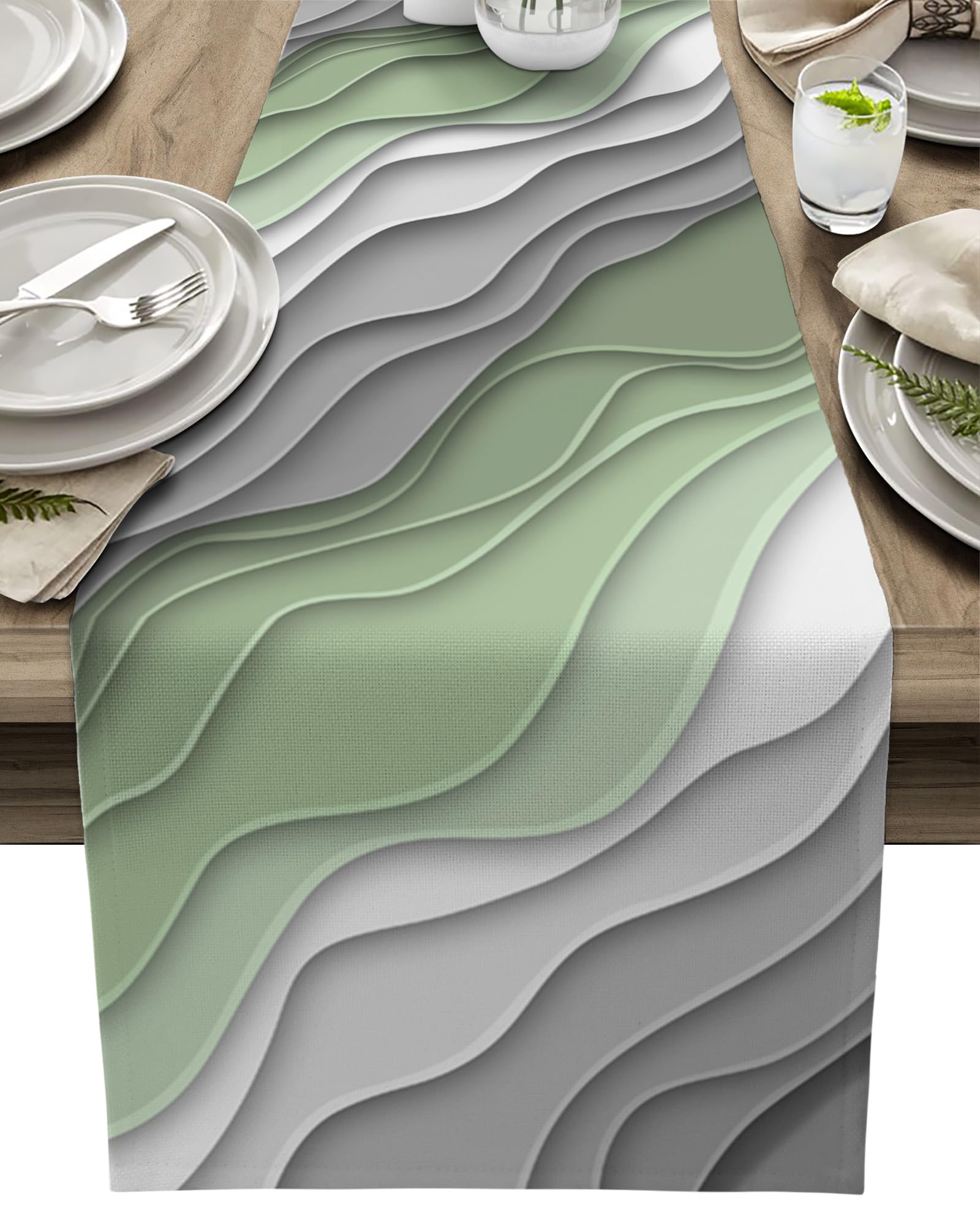Abstract Ombre Wave Line Table Runner,Cotton Linen Table Runners 70 Inches Long,Sage Green Grey Geometric Art Dresser Scarf Tablerunner for Kitchen