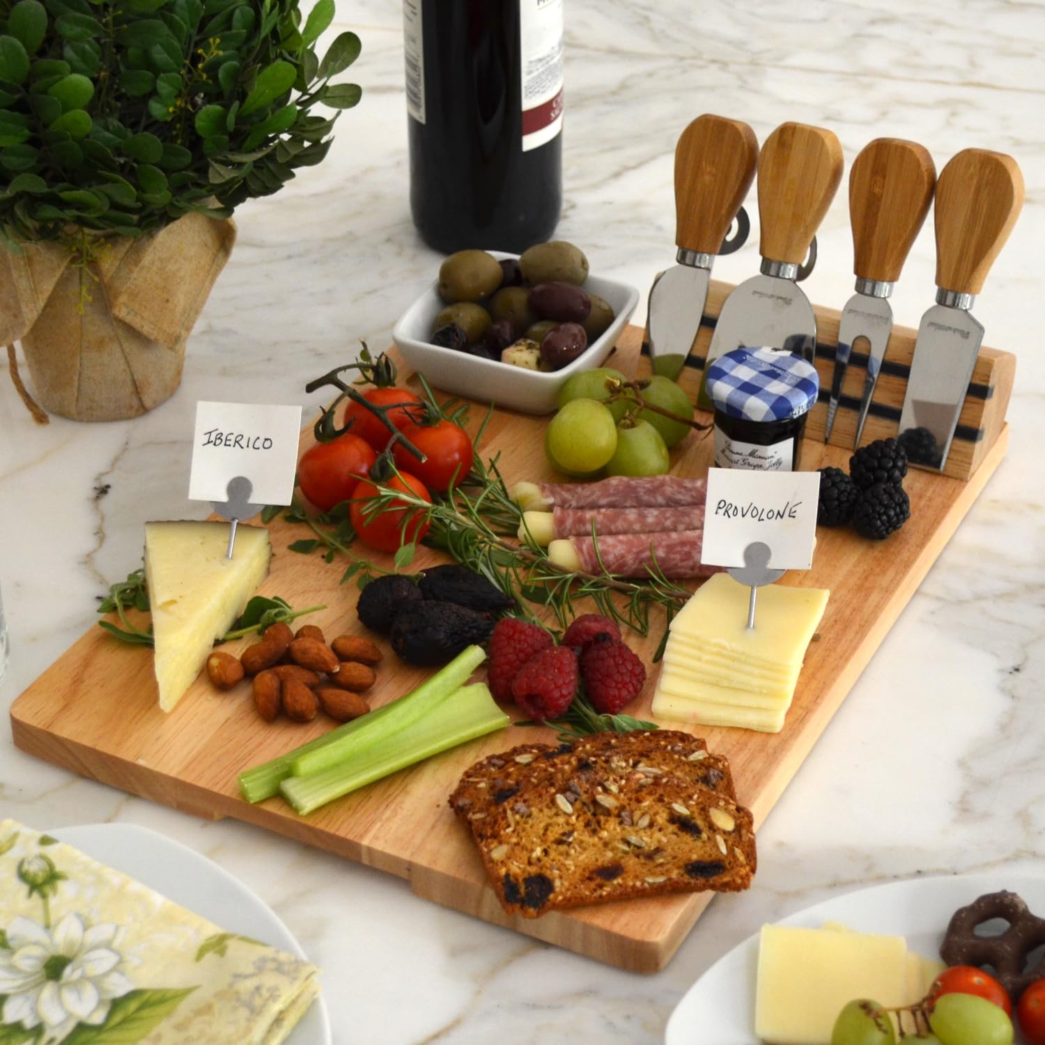Personalized Engraved Hardwood Cutting Board with Cheese Knives, Cheese Markers & Ceramic Dish - Designed and Quality Checked by Picnic at Ascot USA