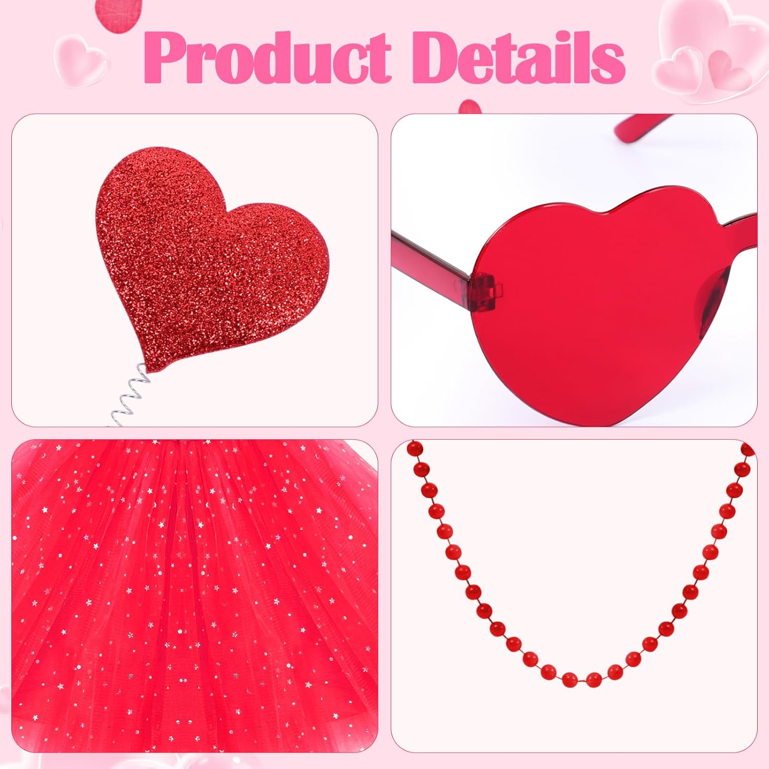 Women Valentines Costume Set Tutu Skirt Red Heart Headband Sunglasses Necklace for Valentine's Day Party Supplies - Image 9