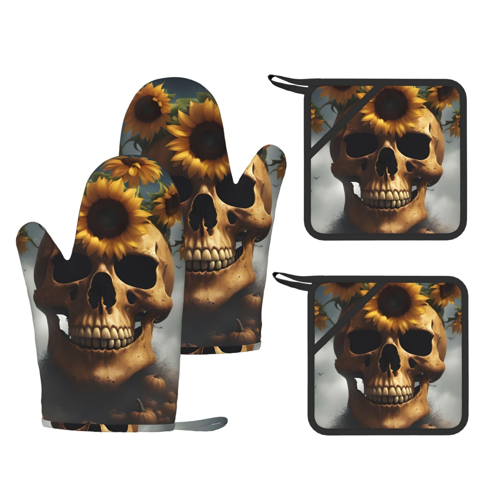 Nimongt Black Sunflower Halloween Skull Print Heat Resistant Gloves Pads Reusable Kitchen Set Oven Baking Grilling Cooking