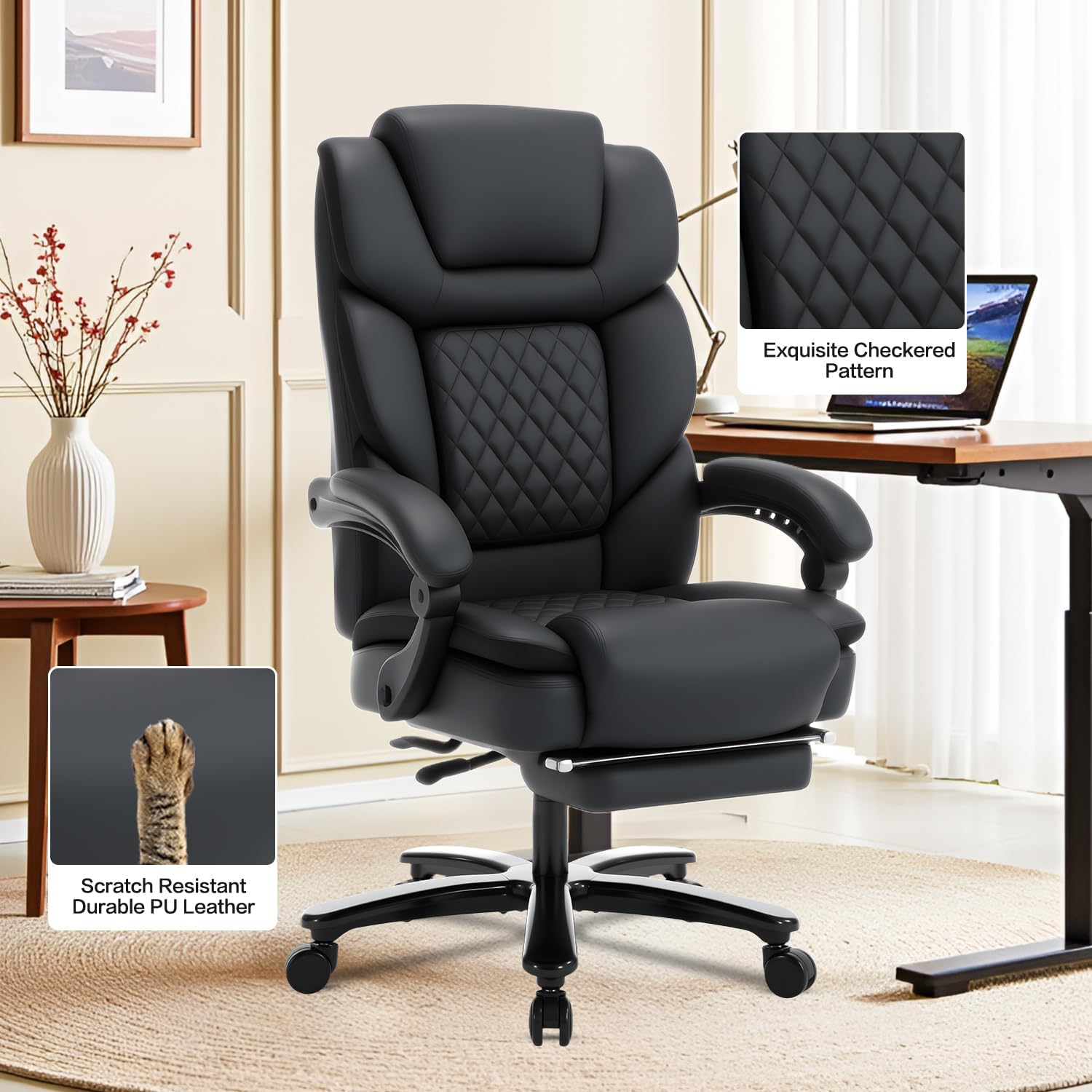 500lbs Recliner Office Chair with Footrest Lumbar Support, Wide Seat Plus Size 500lbs Big Tall Reclining Office Desk Chair, Black