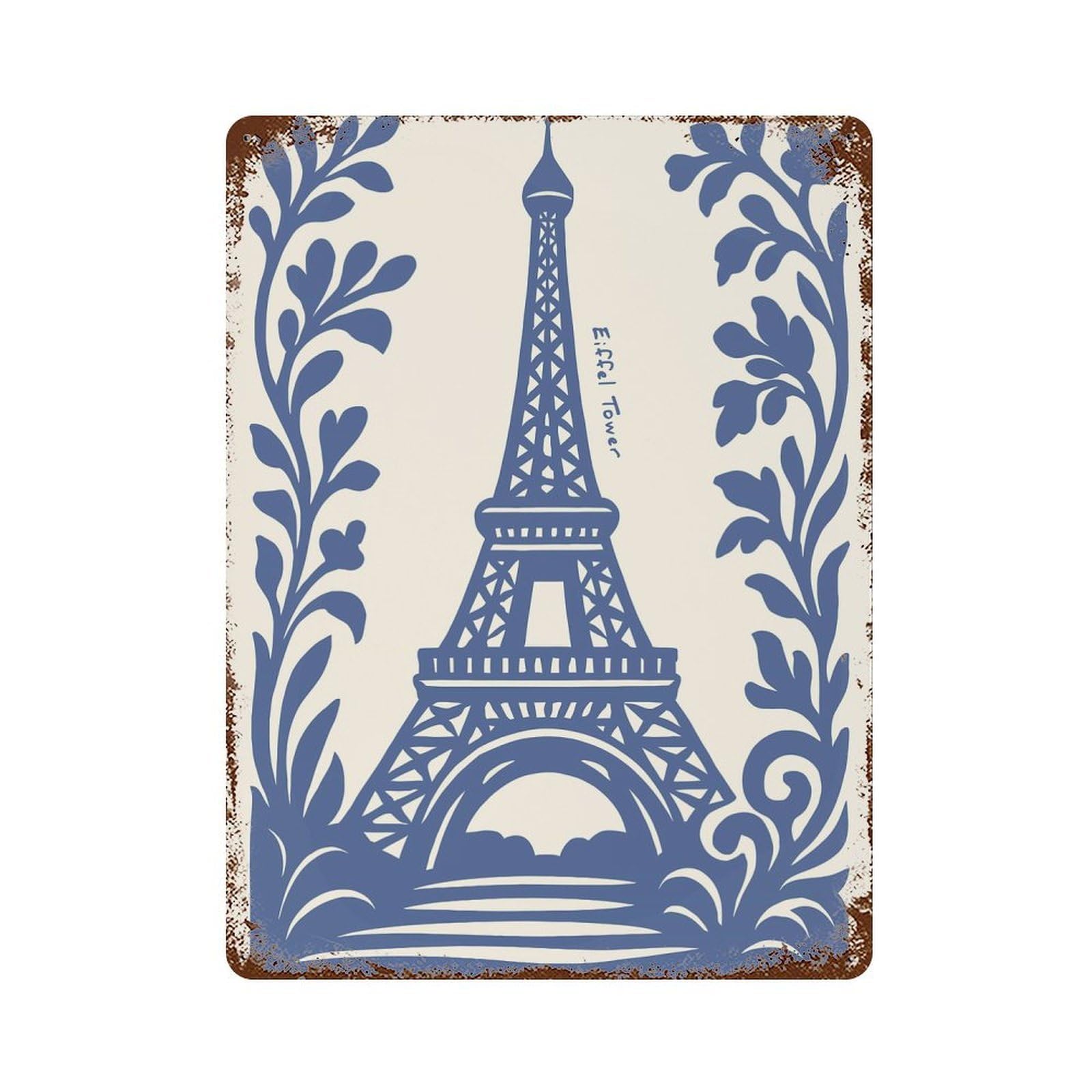 Eiffel Tower Floral Illustration Rust Effect Tin Sign 15.7"x11.8", Rustic Home Decor for Cafe, Home Bar And Lounge Decor