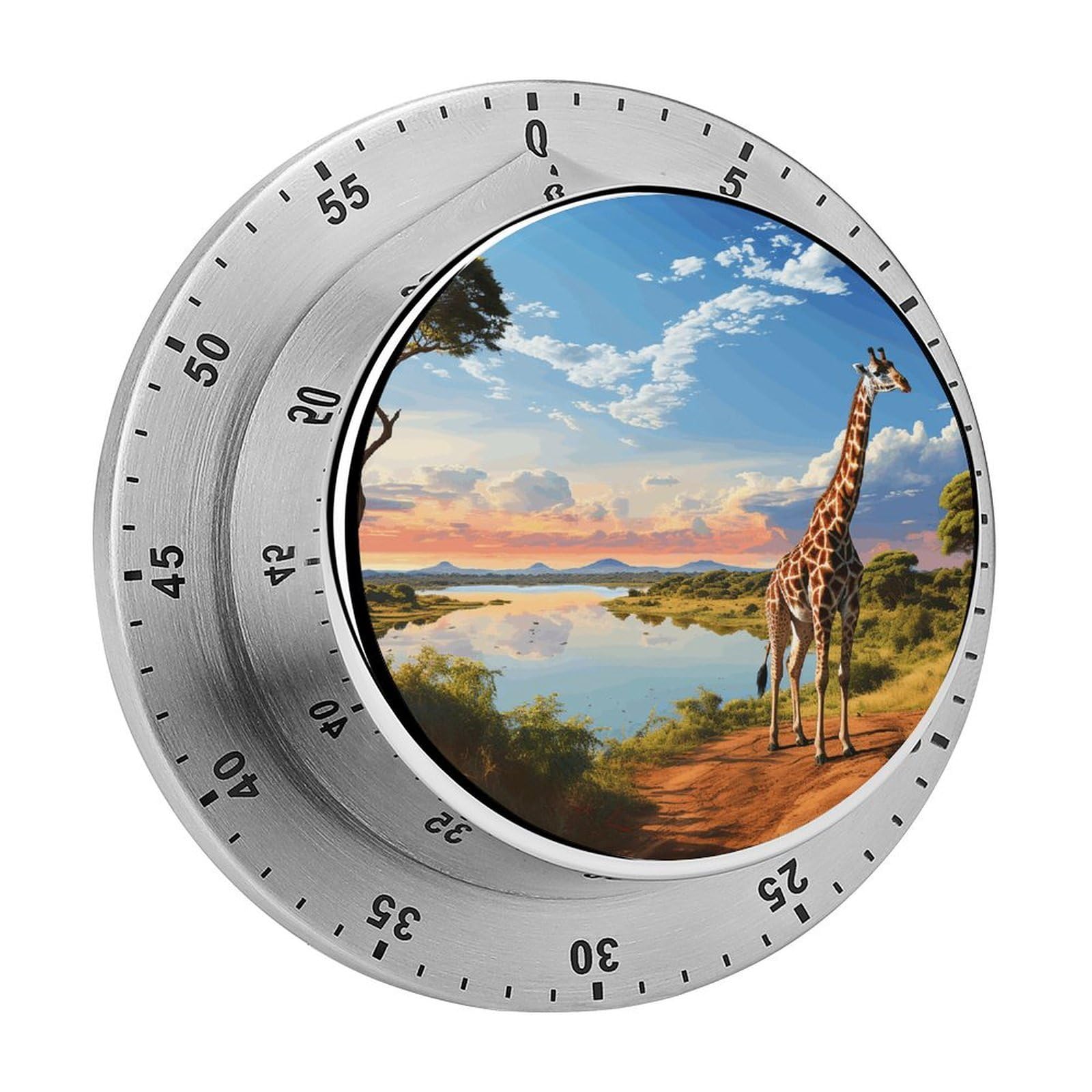 African Landscape with Nile River and Giraffe Visual Timer with Loud Alarm 60-Minute Kitchen Timers Exquisite Stainless Steel Body - Mechanical Desk Timer Countdown Clock for Cooking Chef Clock