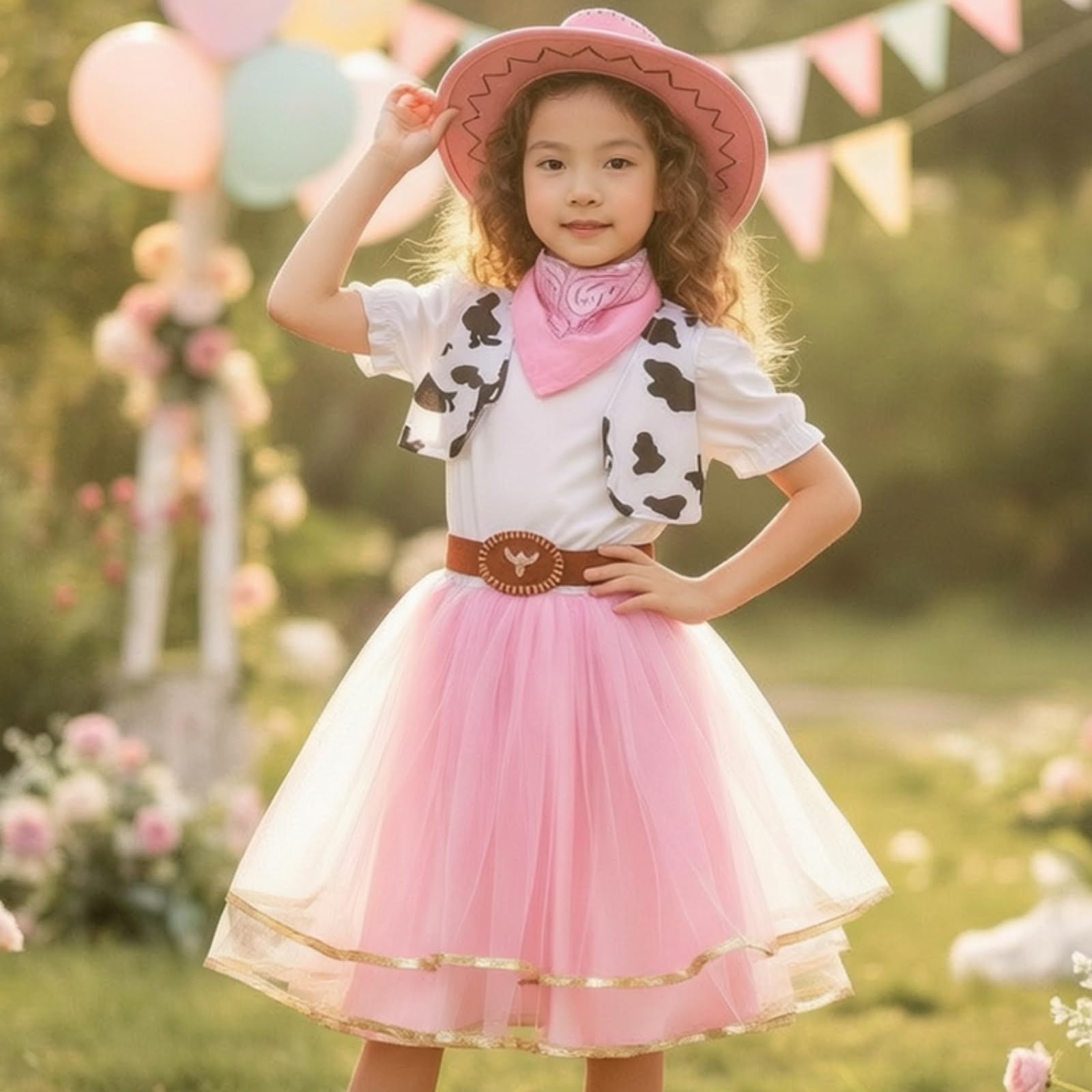 TISHITA Children Costume Dress Abito Costume Bambina Vestito Western Cappello Cintura Fazzoletto Tulle a Strati Corpino Sagomato Svasato Morbido Traspirante