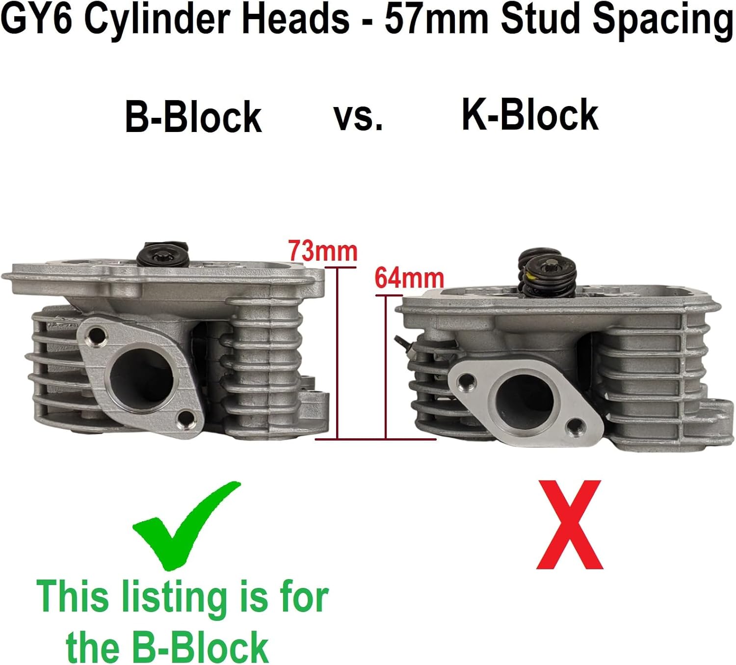 RedCap 170cc GY6 62mm Big Bore Cylinder Head Assembly for Gy6 4-Stroke 170cc 180cc 200cc 1P63QML EFI Engines Compatible with TaoTao Bull 200 TANK 200 57mm Stud Spacing B-Block Valve