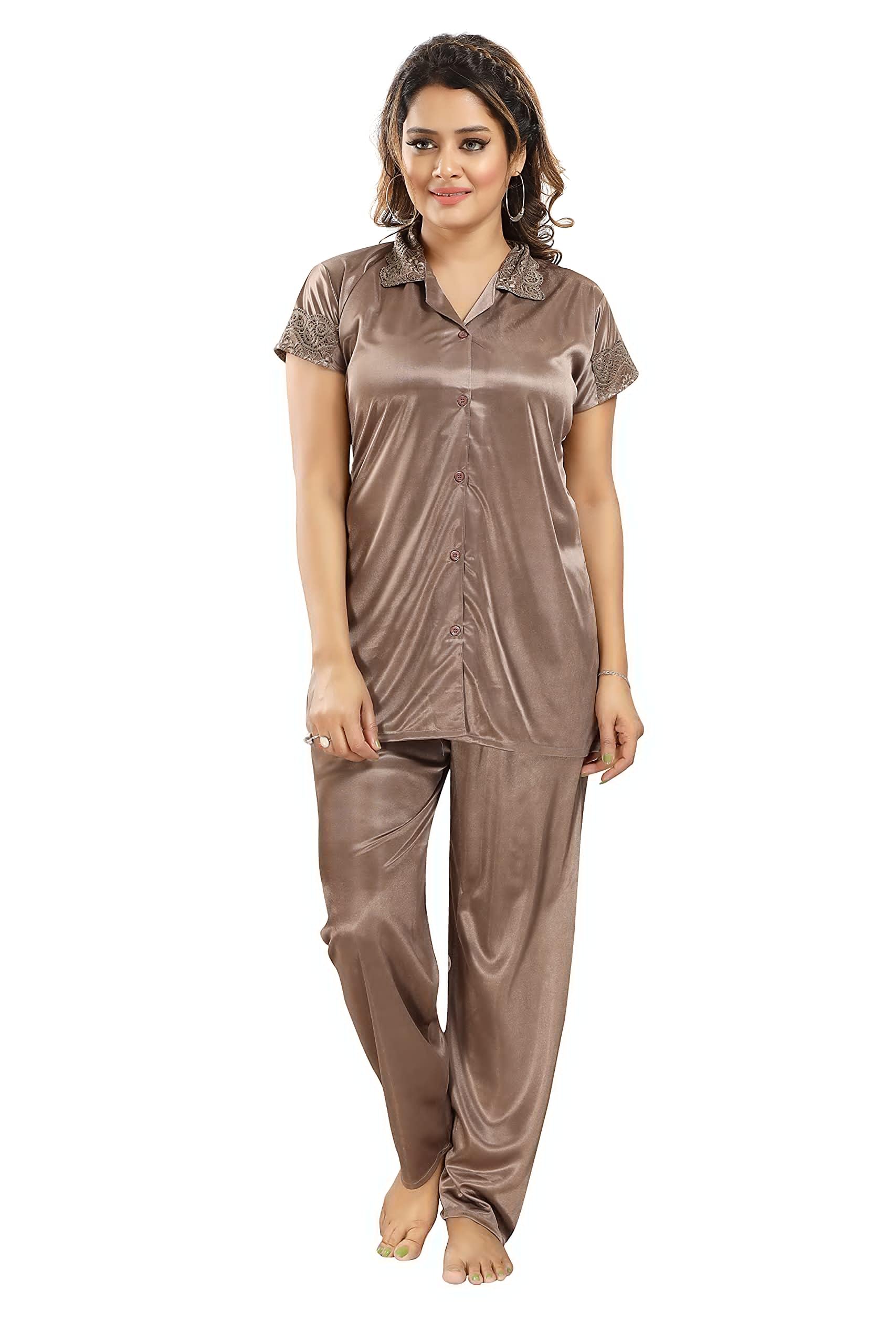 Women's Solid Shirt Top Pyjama Satin Nightsuit Set-image-0
