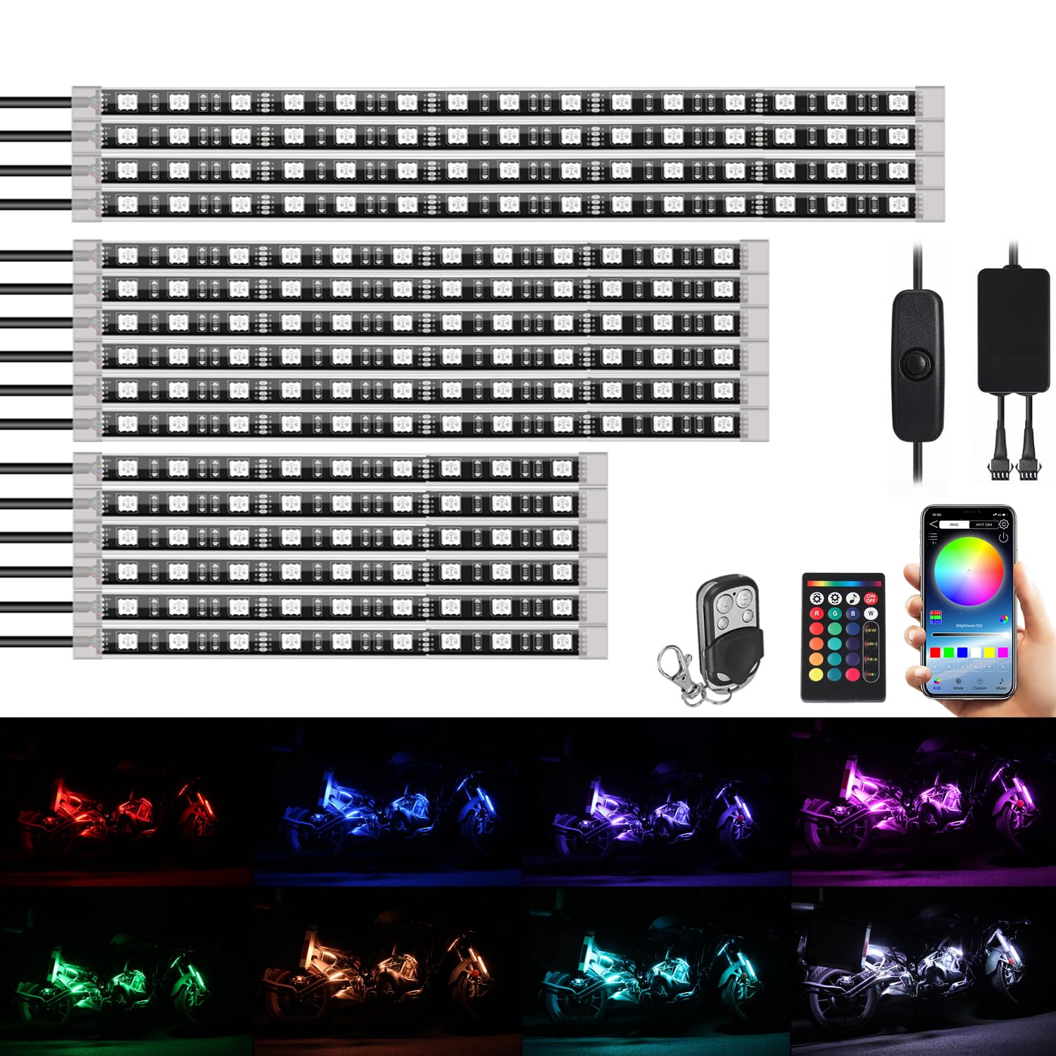 16 PCS RGB Motorcycle LED Underglow Kit Multi-Color LED Strips Lighting with Brake Light for Harley Honda Kawasaki Suzuki Indian Waterproof Color Change Accent Lights