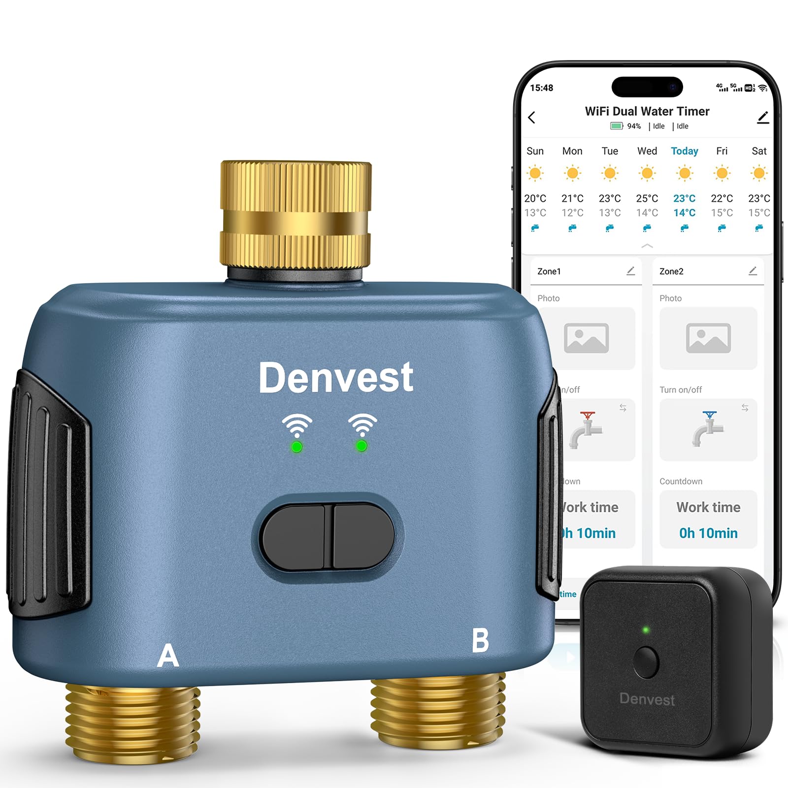 Temporizador de agua WiFi para manguera de jardín con entrada de latón, temporizador inteligente de manguera con concentrador WiFi, aplicación y control de voz, hasta 20 planes de riego, controlador