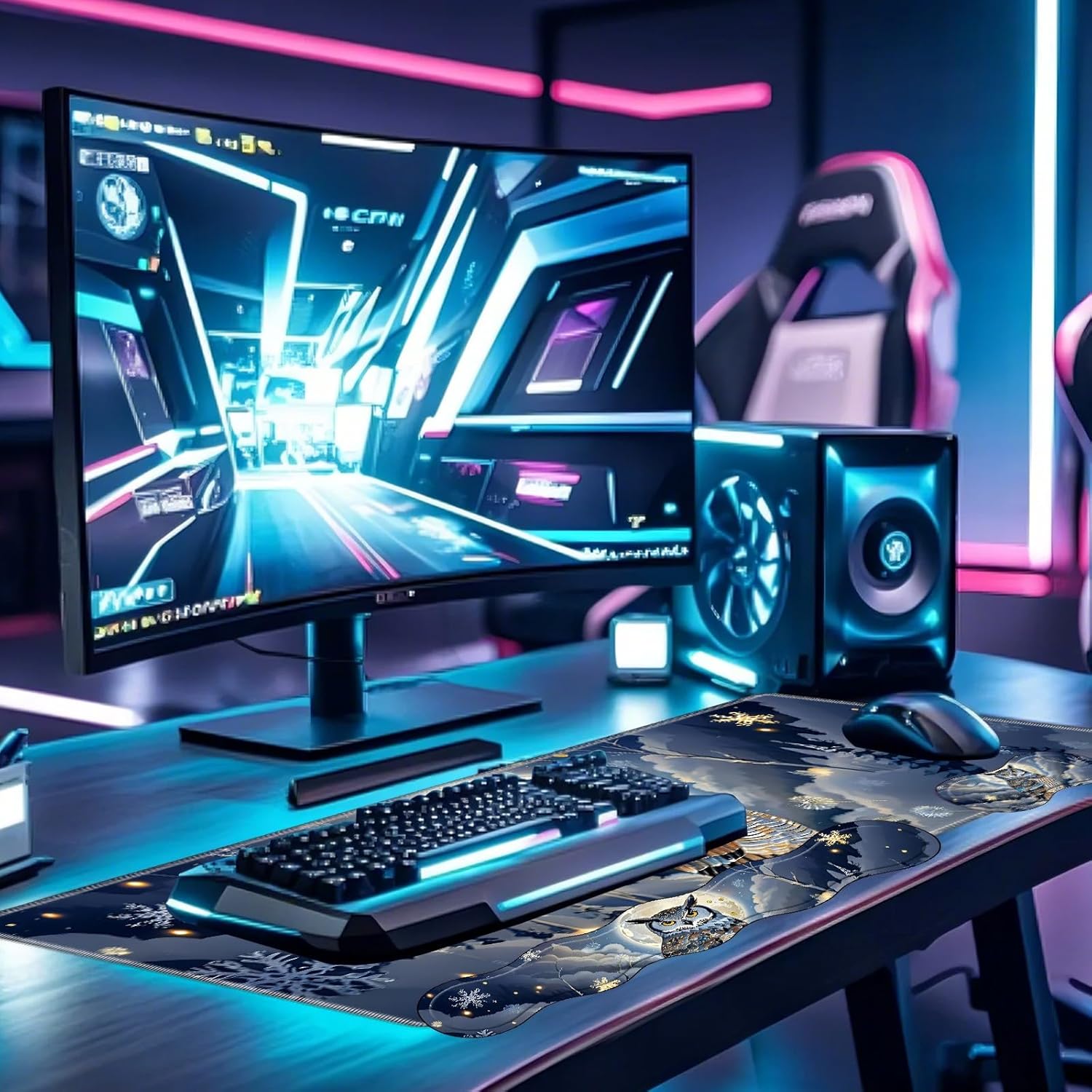 Large Gaming Mouse Pad Set with Wrist Support – 31.5" x 11.8" 4-in-1 XXL Mousepad with Keyboard Wrist Rest, Mouse Wrist Rest & Coaster – Ergonomic Desk Mat for Office, Home – Owl Moon