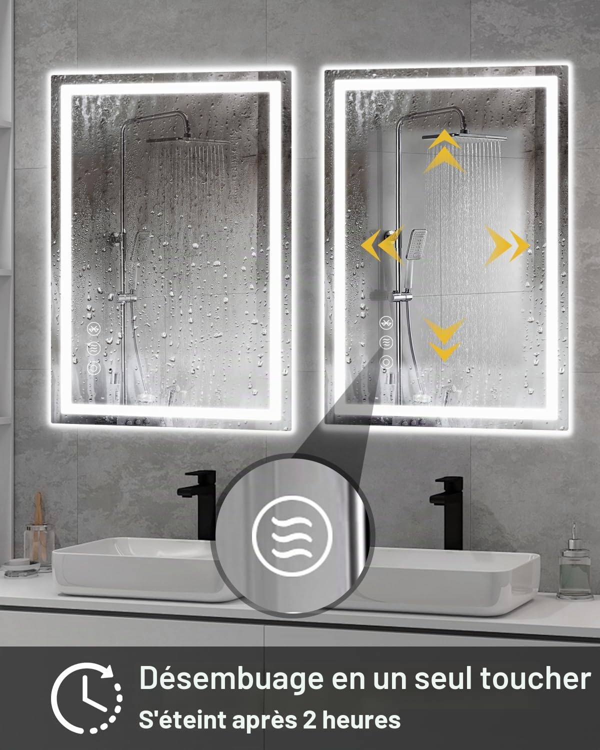 Miroir de salle de bain, LED, 40 x 60 cm, avec éclairage et interrupteur tactile Bluetooth, à intensité variable, couleur de la lumière 3 températures de couleur, anti-buée, avec lumière