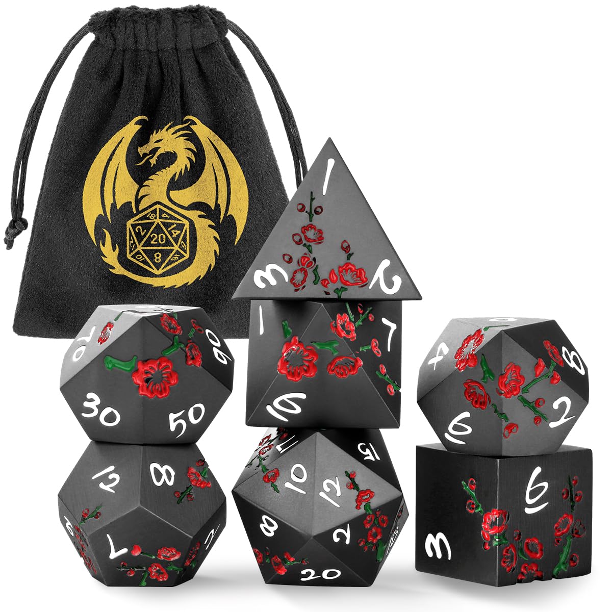 Black Plum Flower Metal DND Dice Set, Flat Face Polyhedral RPG Dice with Velvet Dice Bag for DND MTG TTRPG, Board Games Accessories, Gifts for Men Women Gamer, D&D Stocking Stuffer